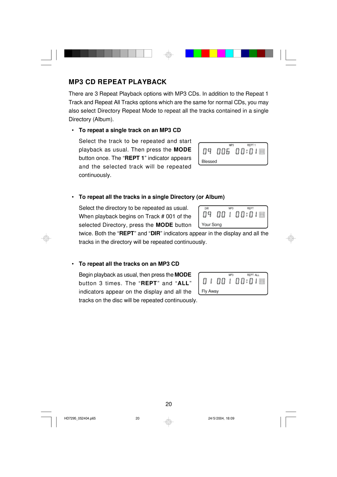 Emerson HD7295 owner manual MP3 CD Repeat Playback, To repeat a single track on an MP3 CD 