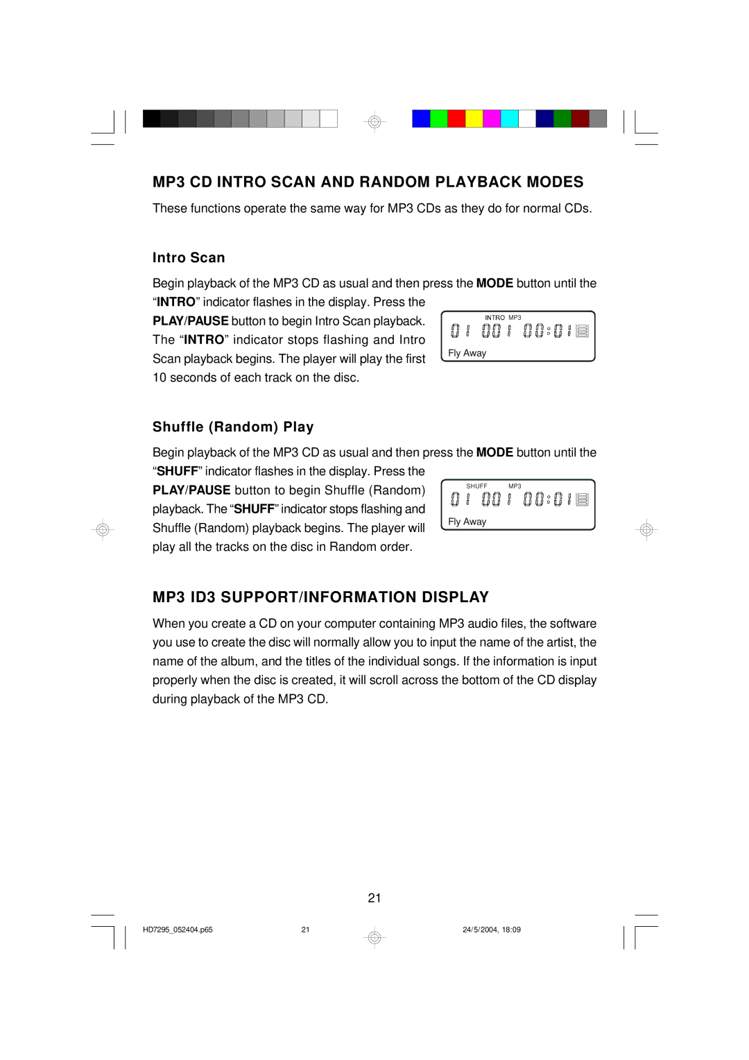 Emerson HD7295 MP3 CD Intro Scan and Random Playback Modes, MP3 ID3 SUPPORT/INFORMATION Display, Shuffle Random Play 