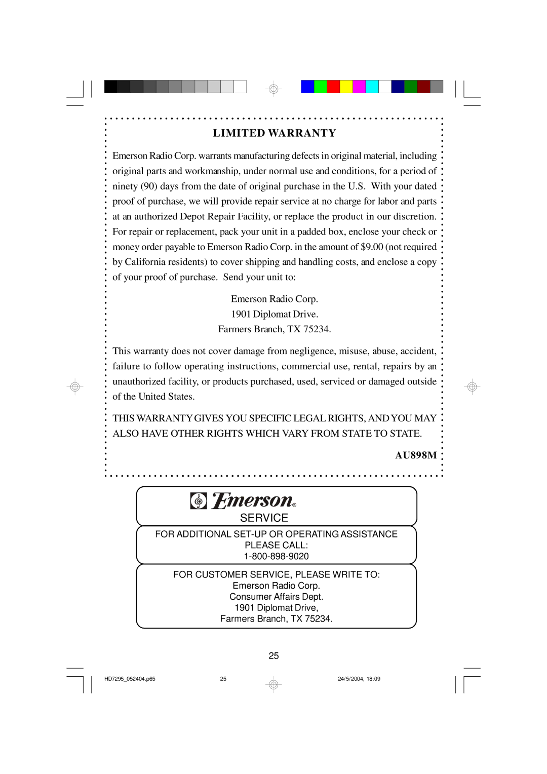 Emerson HD7295 owner manual Limited Warranty 