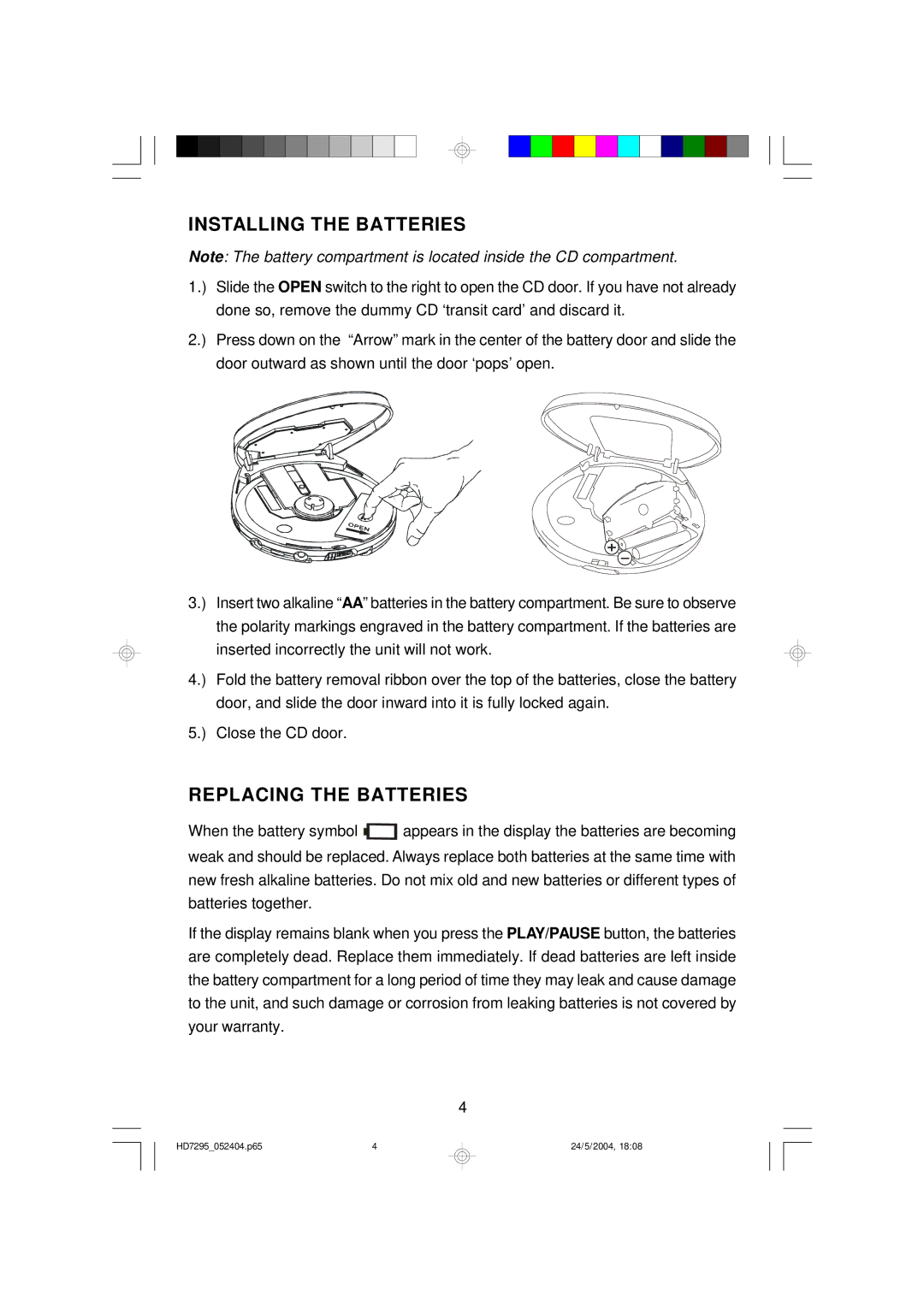 Emerson HD7295 owner manual Installing the Batteries, Replacing the Batteries 