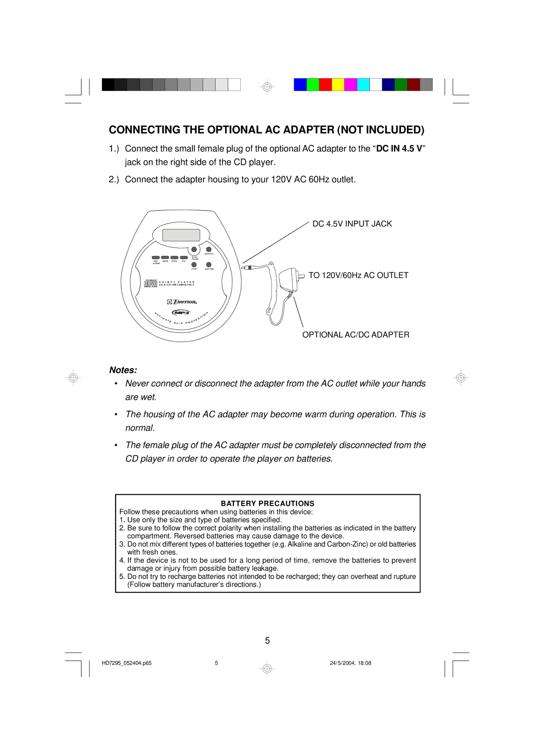 Emerson HD7295 owner manual Connecting the Optional AC Adapter not Included, Battery Precautions 