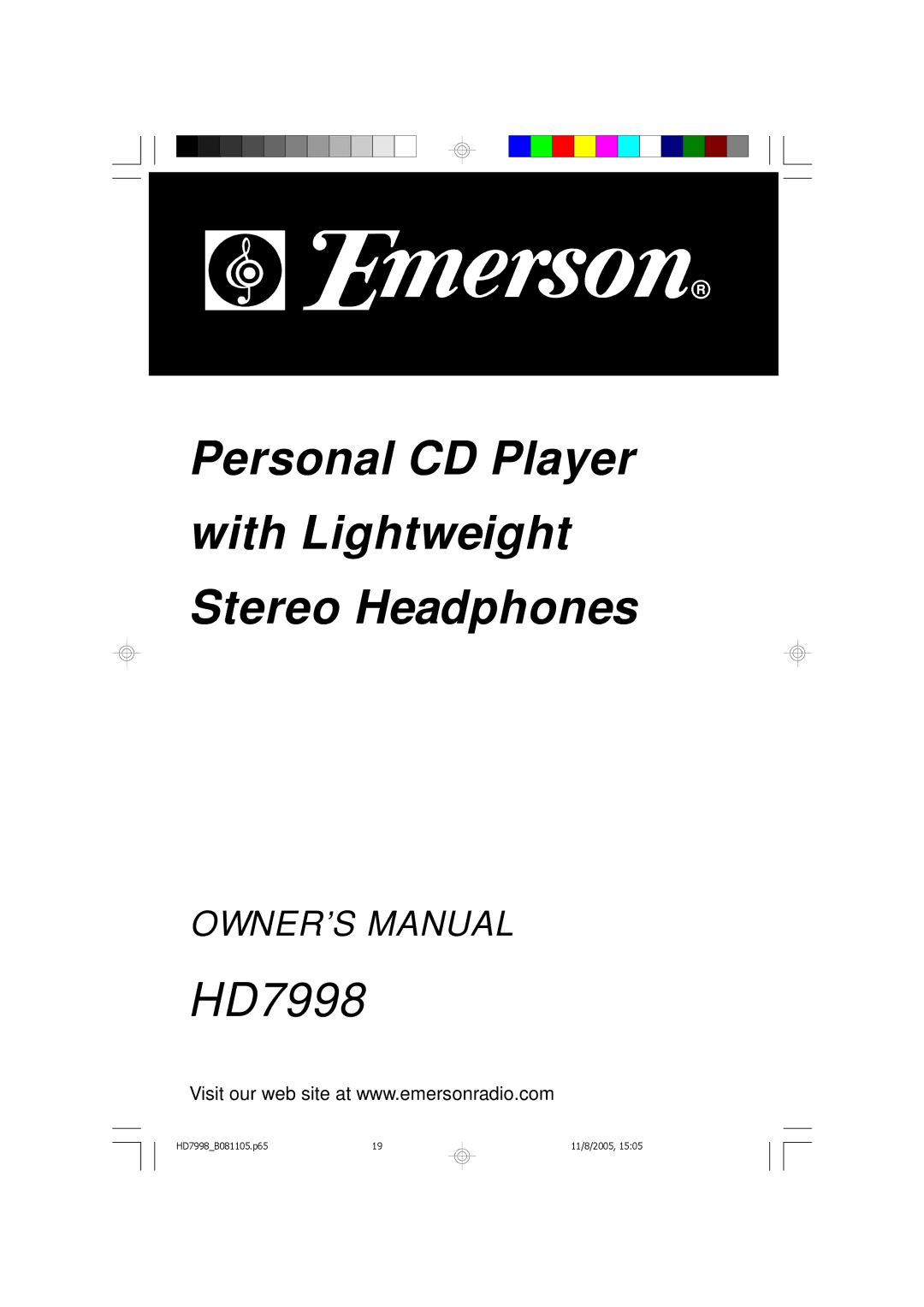 Emerson HD7998 owner manual Personal CD Player With Lightweight Stereo Headphones 