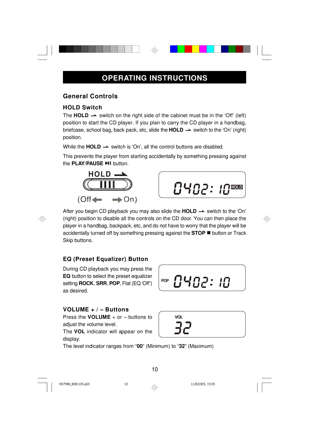 Emerson HD7998 Operating Instructions, General Controls, Hold Switch, EQ Preset Equalizer Button, Volume + / Buttons 