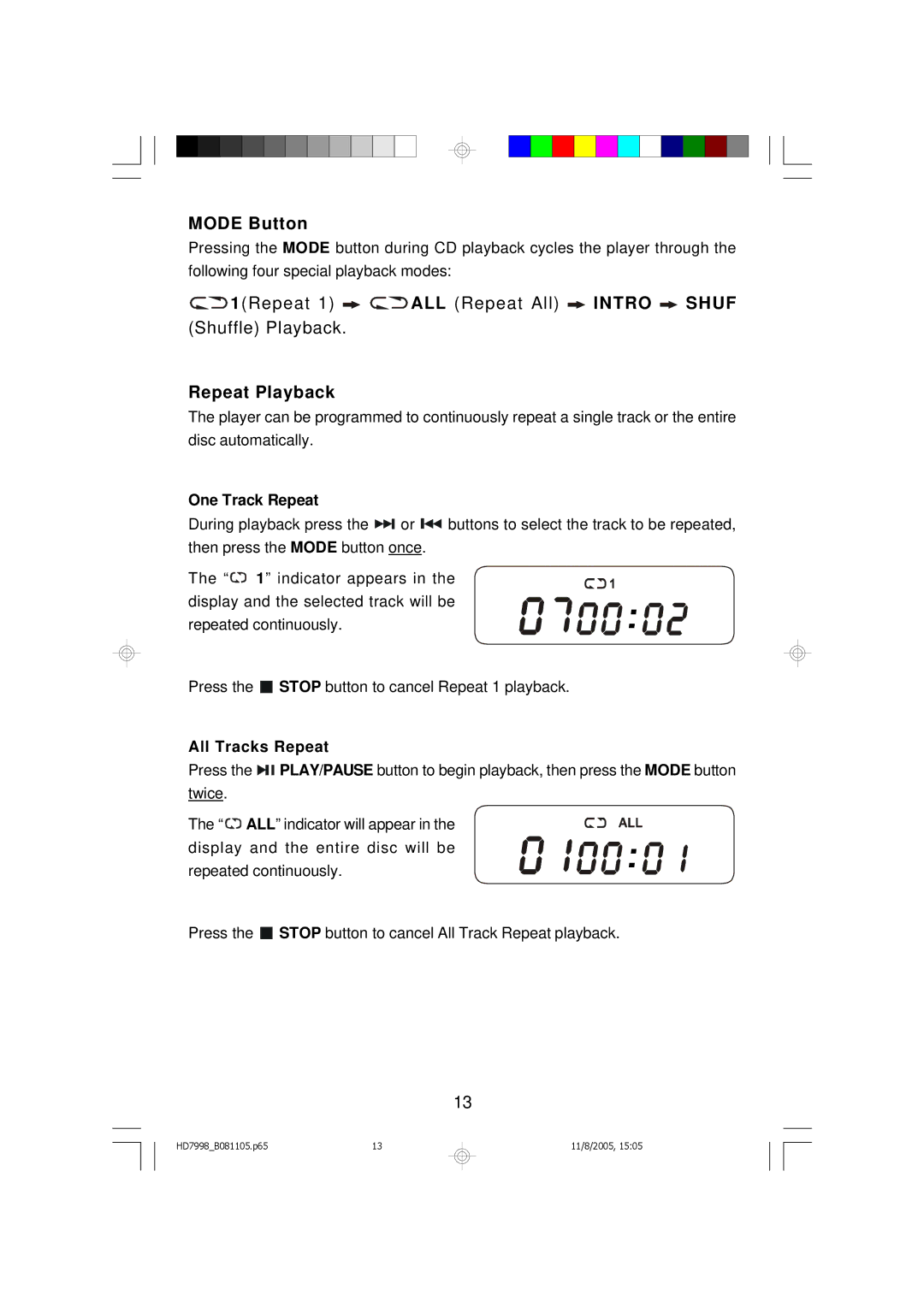 Emerson HD7998 owner manual Mode Button, Repeat Playback 