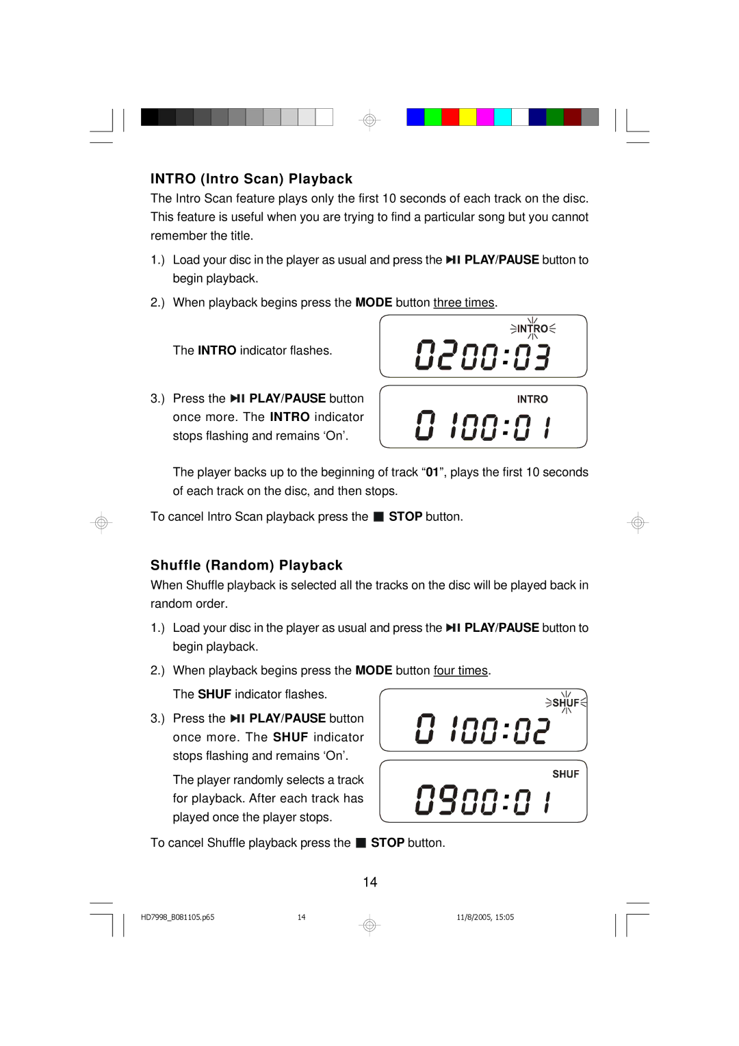 Emerson HD7998 owner manual Intro Intro Scan Playback, Shuffle Random Playback 