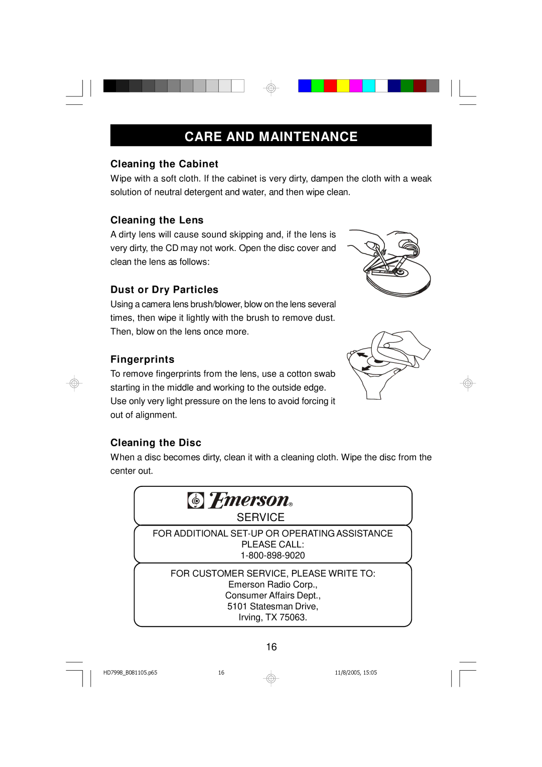 Emerson HD7998 owner manual Care and Maintenance 