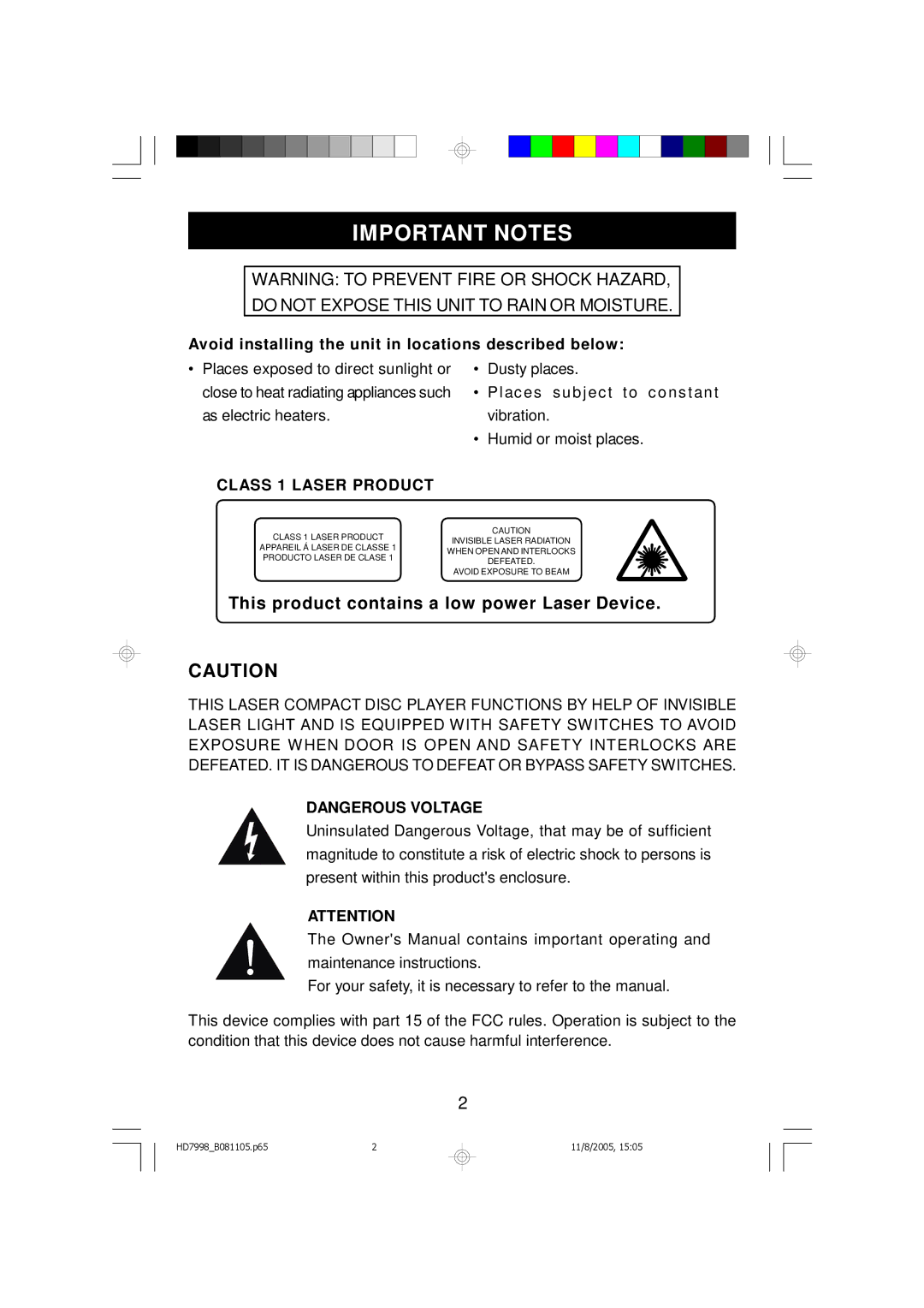 Emerson HD7998 owner manual Important Notes, This product contains a low power Laser Device 