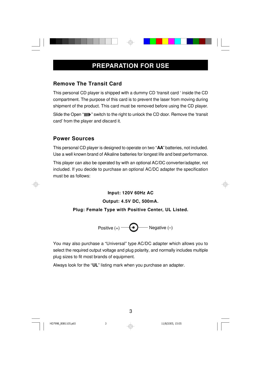 Emerson HD7998 owner manual Preparation for USE, Remove The Transit Card, Power Sources 