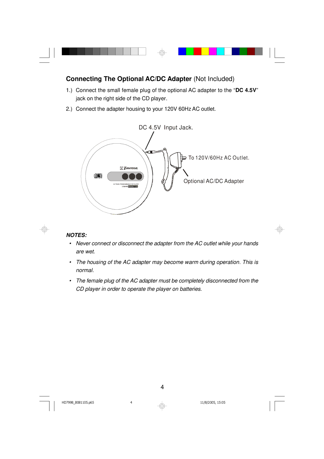 Emerson HD7998 owner manual Connecting The Optional AC/DC Adapter Not Included, DC 4.5V Input Jack 