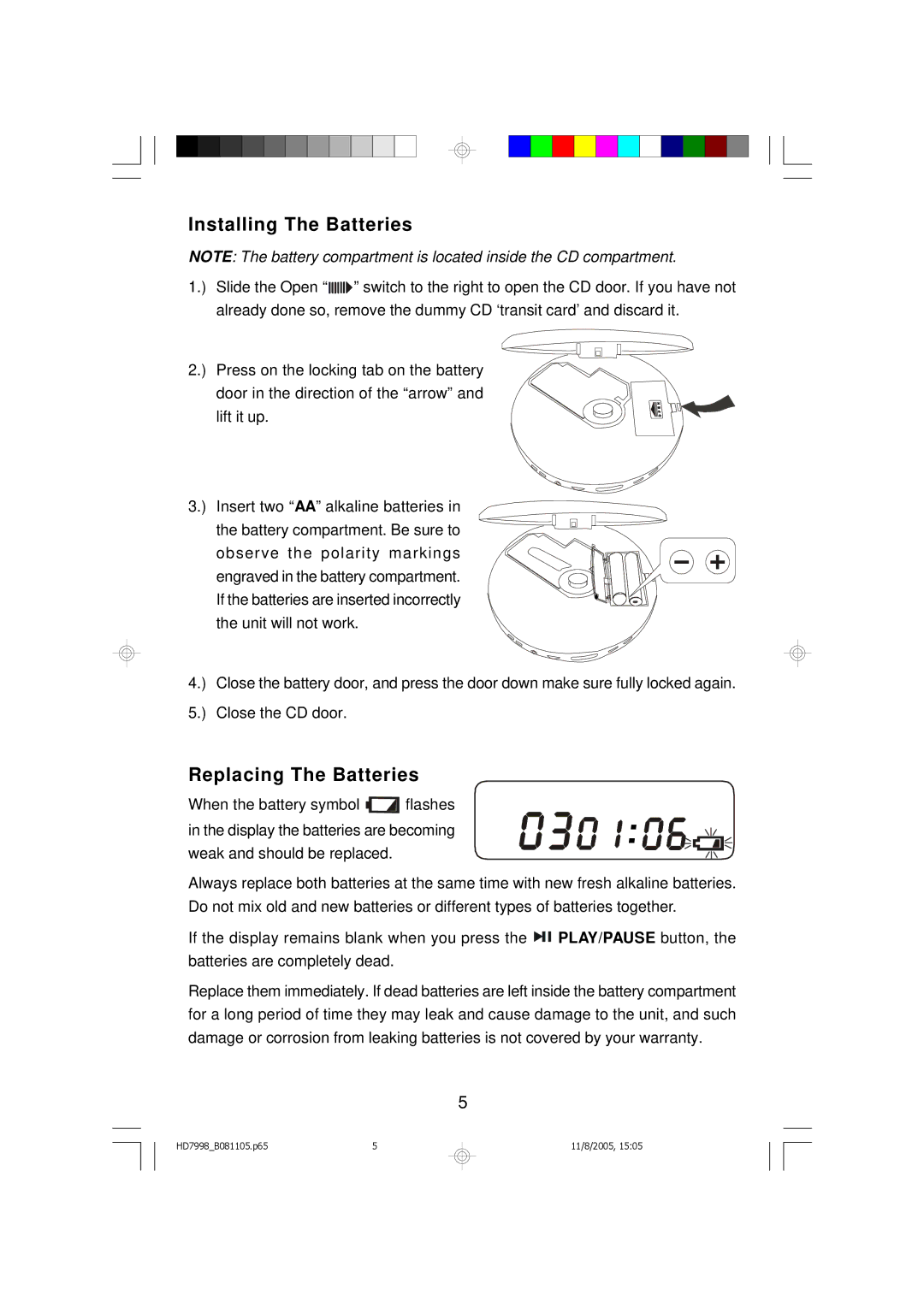 Emerson HD7998 owner manual Installing The Batteries, Replacing The Batteries 