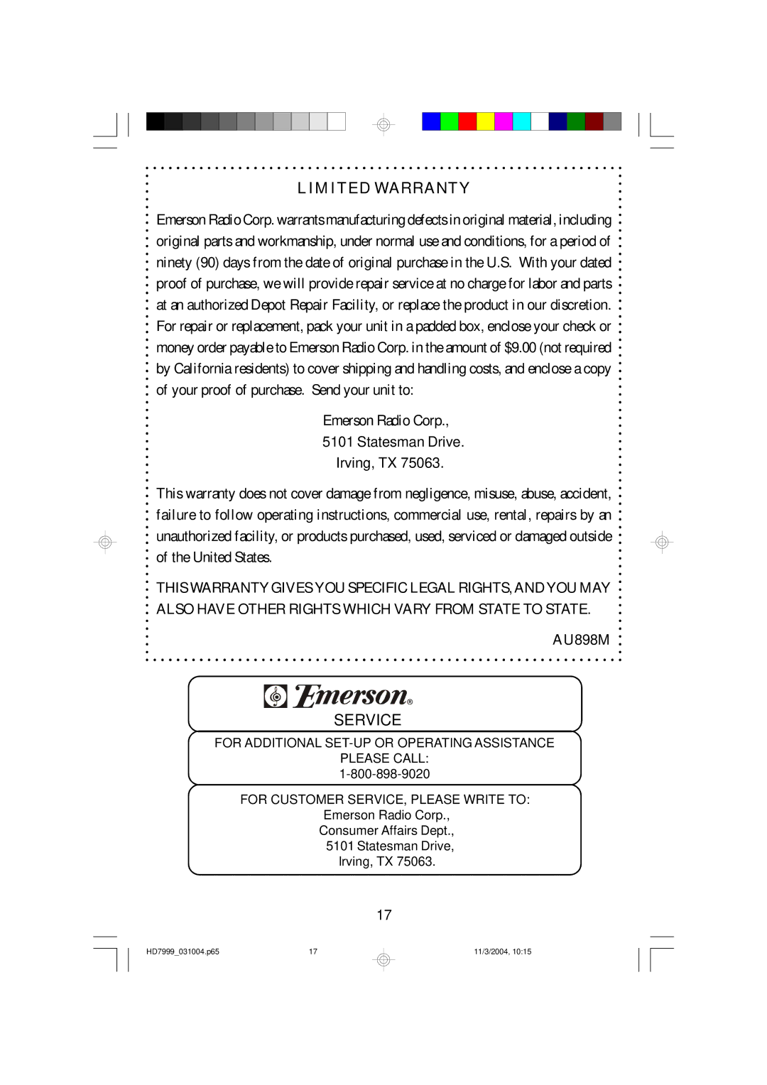 Emerson HD7999 owner manual Limited Warranty 