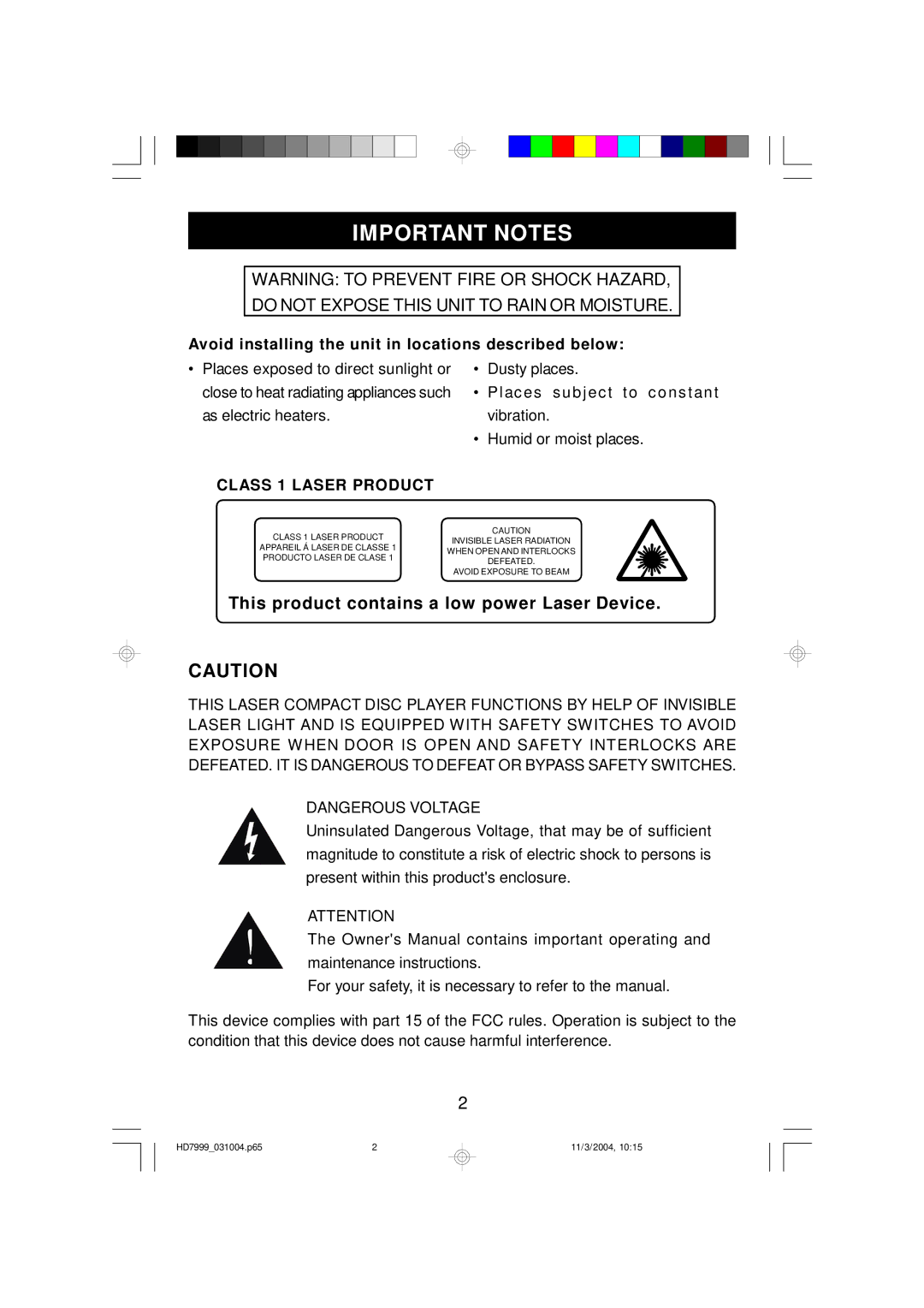 Emerson HD7999 owner manual Important Notes, This product contains a low power Laser Device 