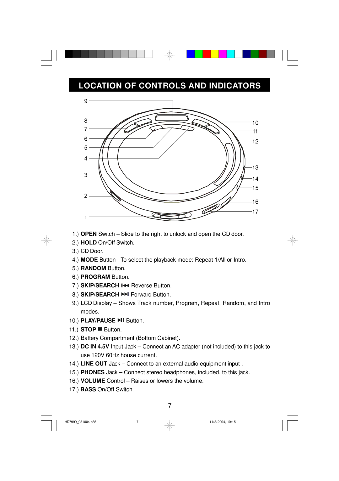 Emerson HD7999 owner manual Location of Controls and Indicators, Play/Pause 