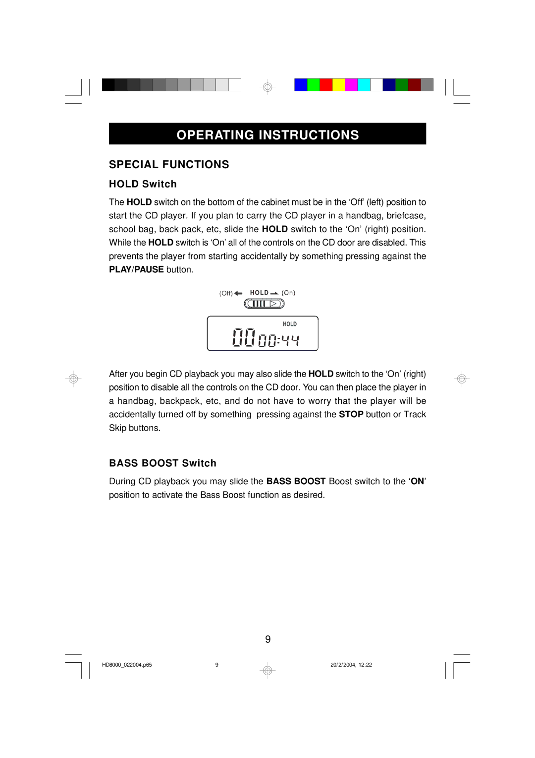 Emerson HD8000 owner manual Operating Instructions, Special Functions, Hold Switch, Bass Boost Switch 