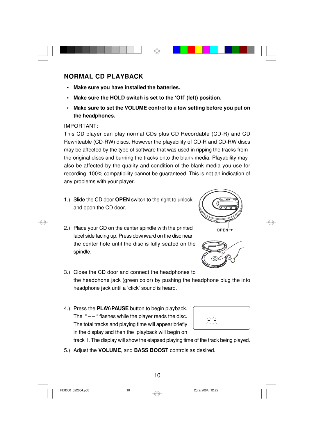 Emerson HD8000 owner manual Normal CD Playback 