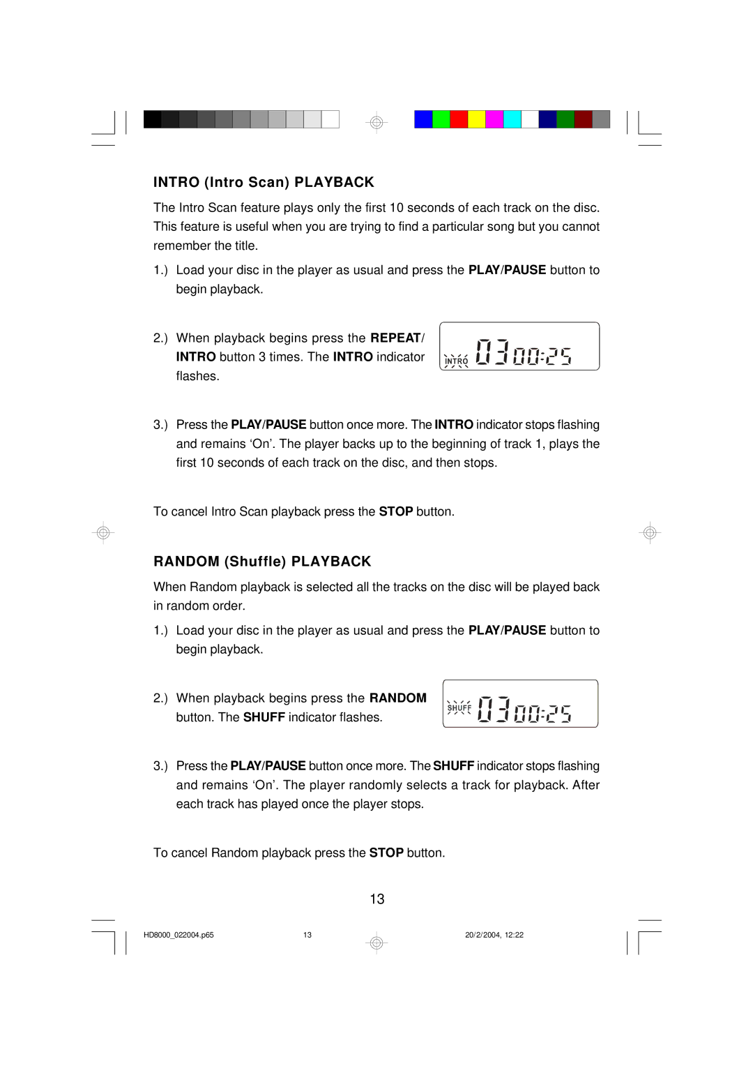 Emerson HD8000 owner manual Intro Intro Scan Playback, Random Shuffle Playback 