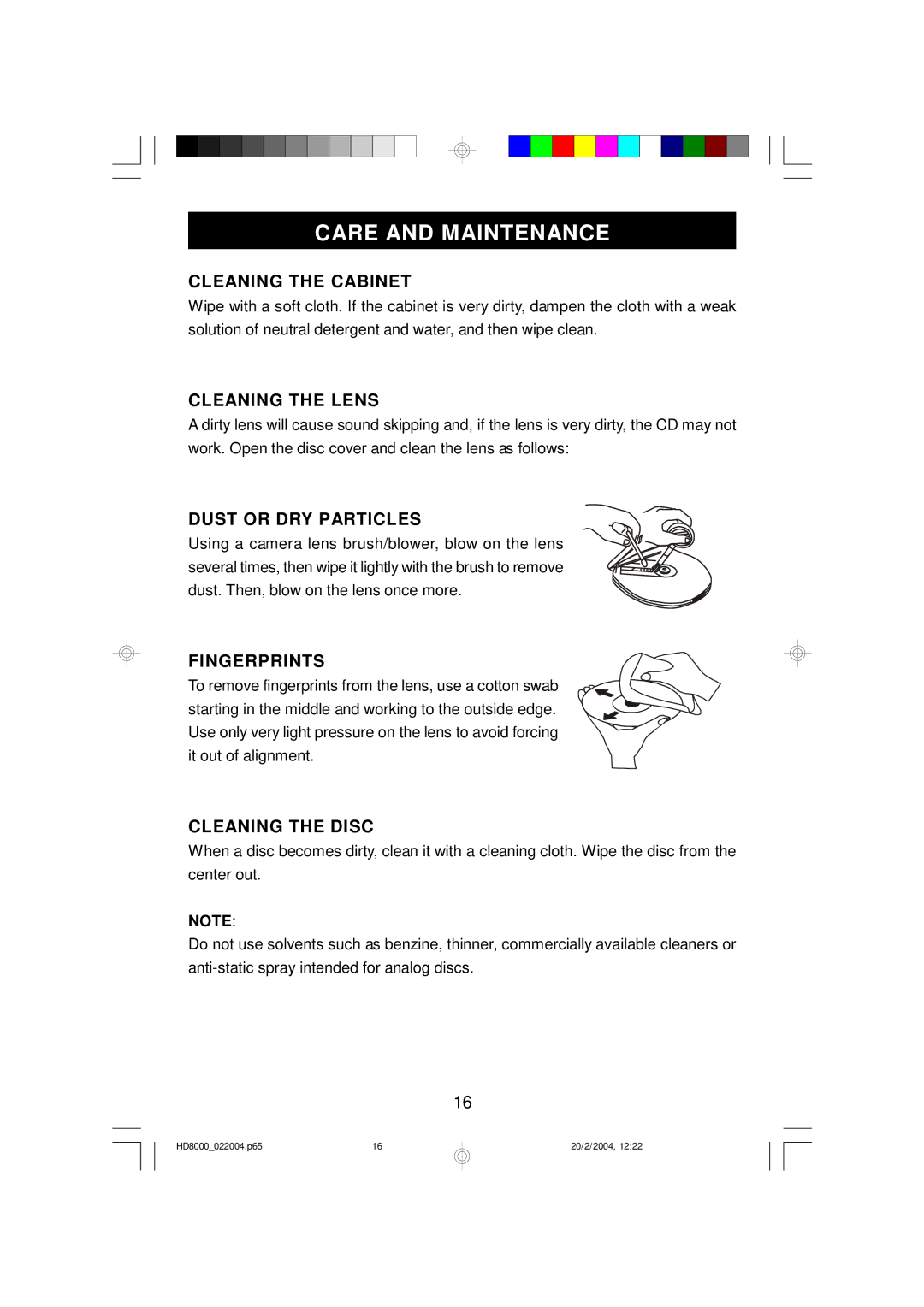 Emerson HD8000 owner manual Care and Maintenance, Cleaning the Cabinet 