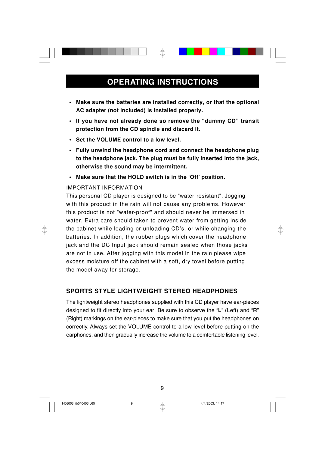 Emerson HD8003 owner manual Operating Instructions, Sports Style Lightweight Stereo Headphones 