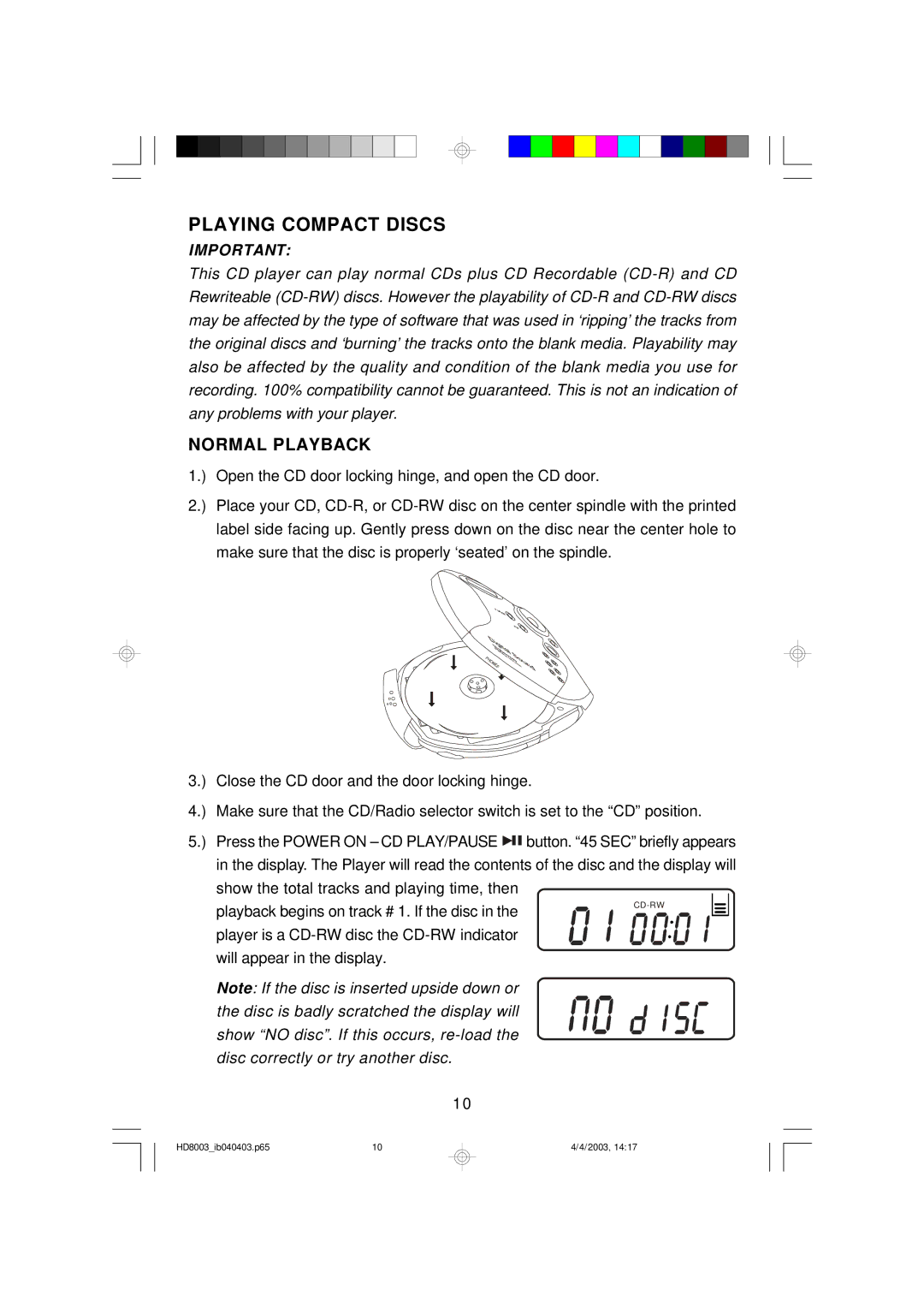 Emerson HD8003 owner manual Playing Compact Discs, Normal Playback 