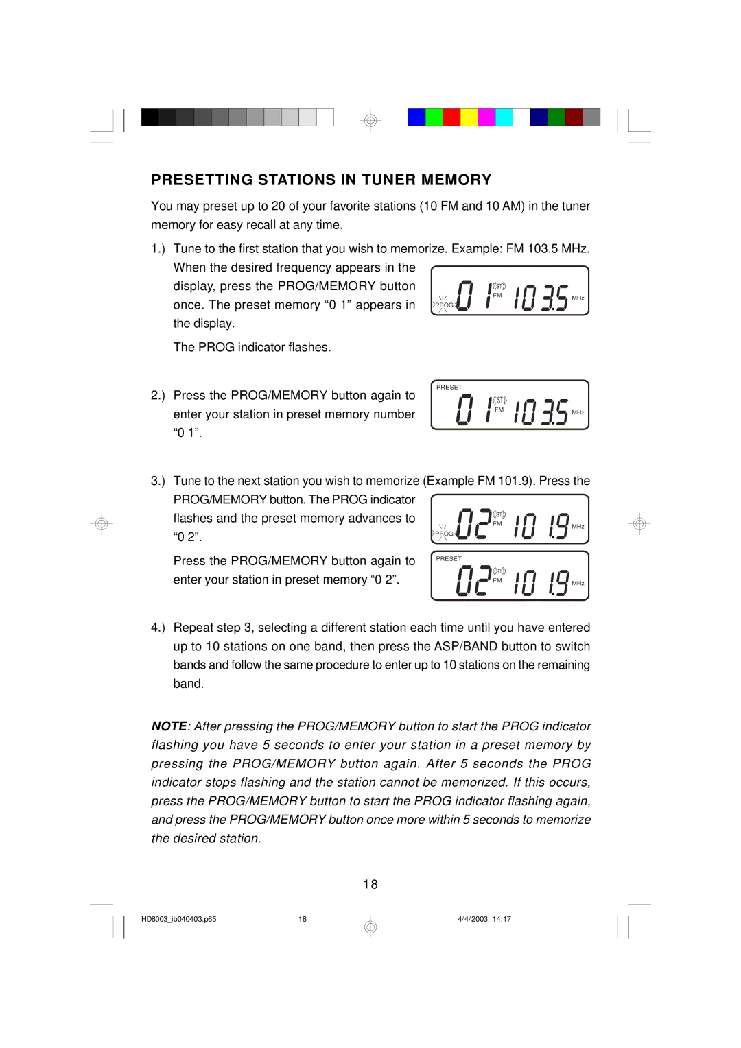 Emerson HD8003 owner manual Presetting Stations in Tuner Memory, Display Prog indicator flashes 