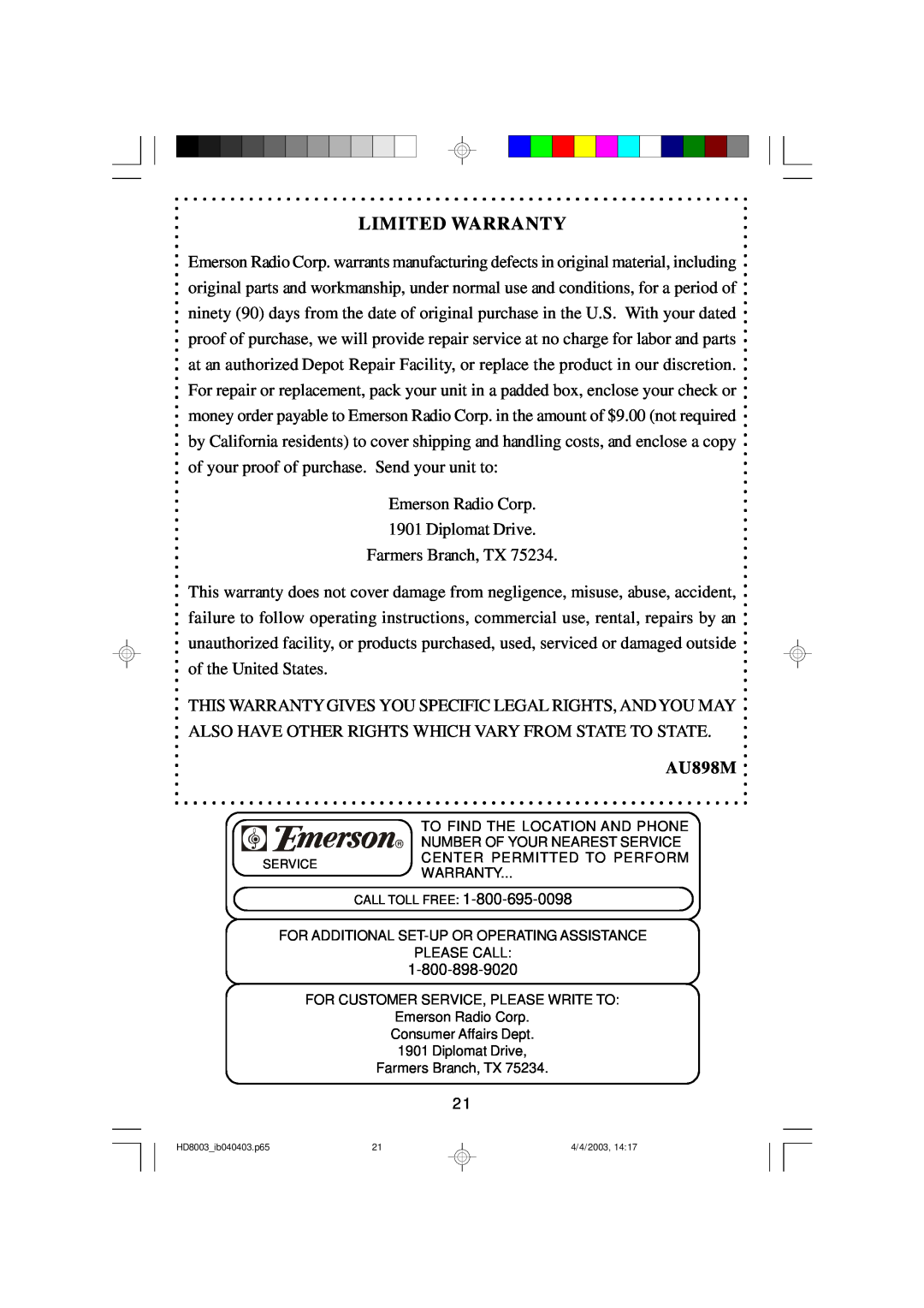 Emerson HD8003 owner manual Limited Warranty, AU898M 