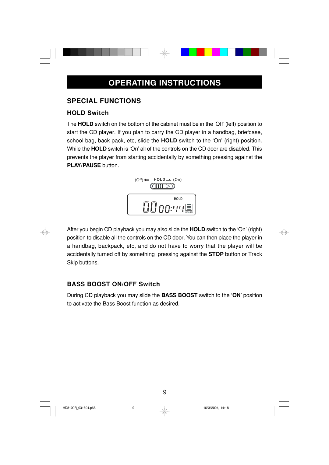 Emerson HD8100R owner manual Operating Instructions, Special Functions, Hold Switch, Bass Boost ON/OFF Switch 