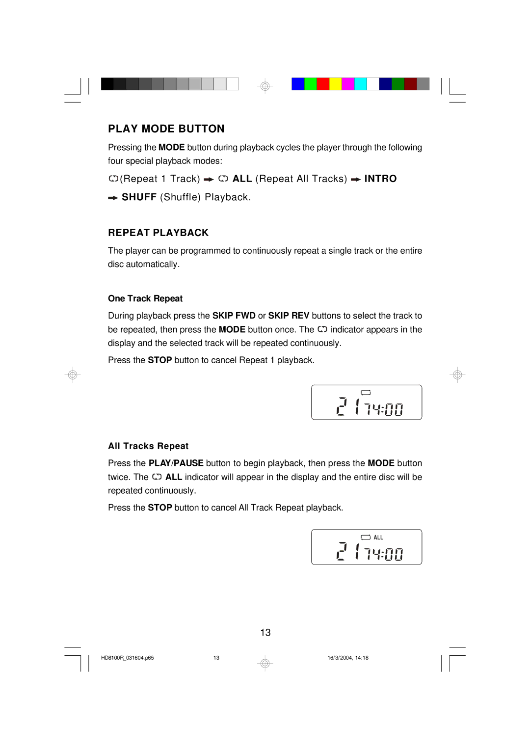 Emerson HD8100R owner manual Play Mode Button, Repeat Playback 