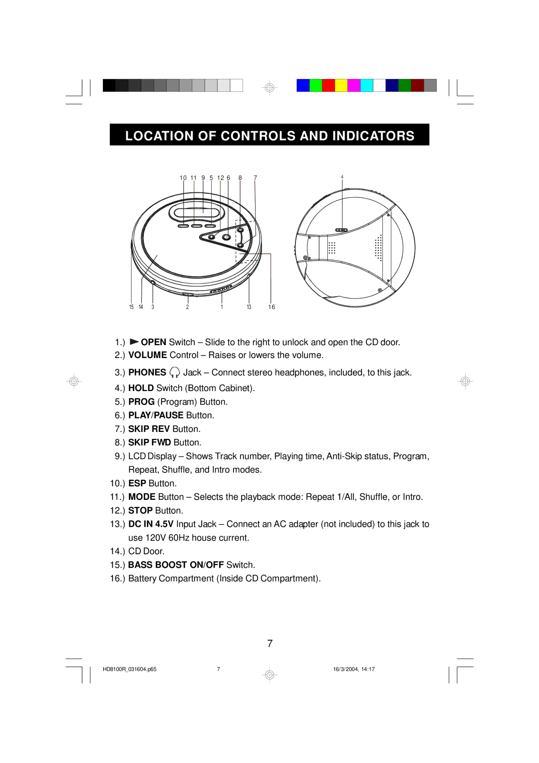 Emerson HD8100R owner manual Location of Controls and Indicators 