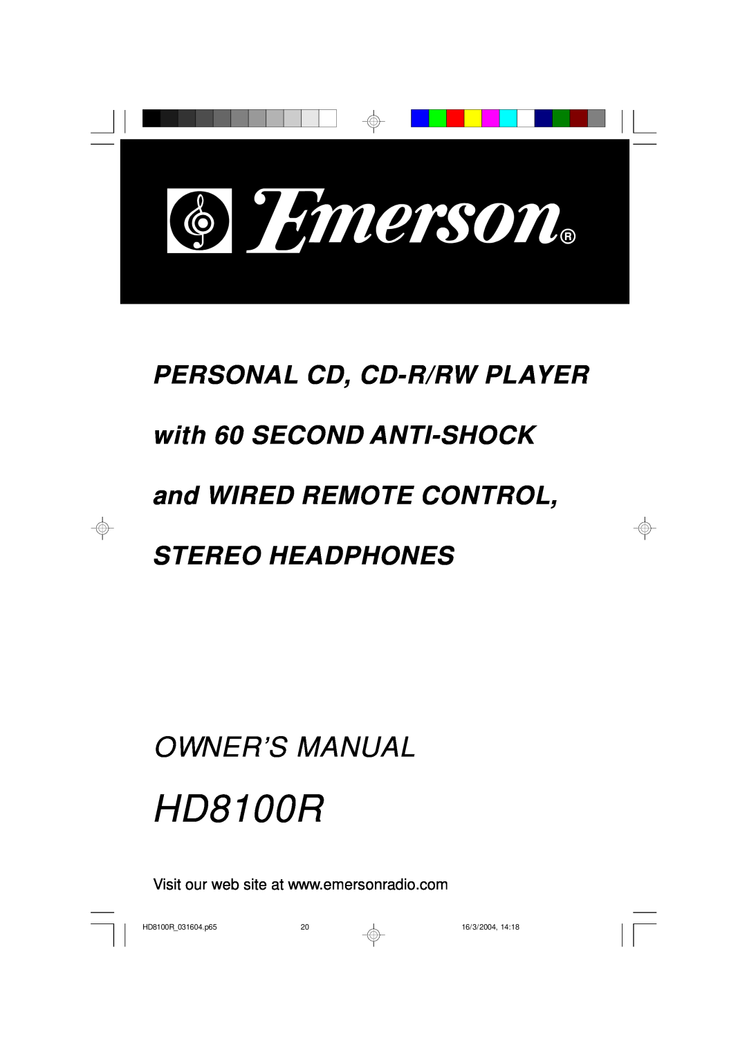 Emerson owner manual HD8100R 031604.p65, 16/3/2004 