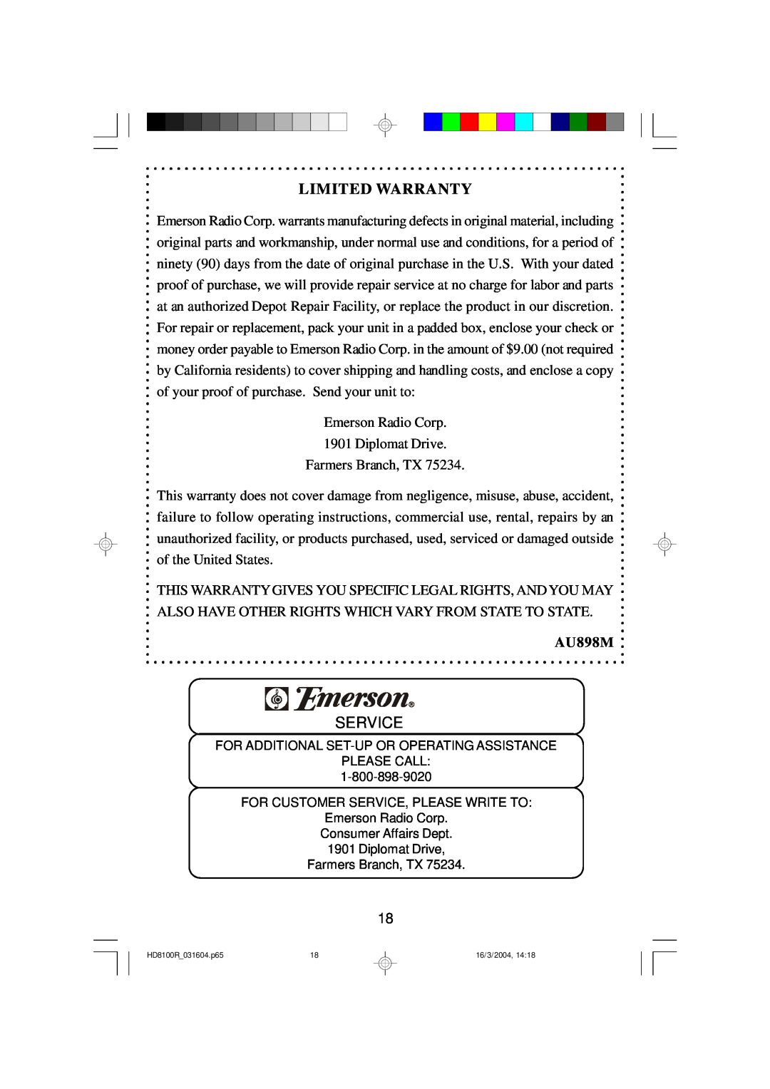 Emerson HD8100R owner manual Service, Limited Warranty, AU898M 