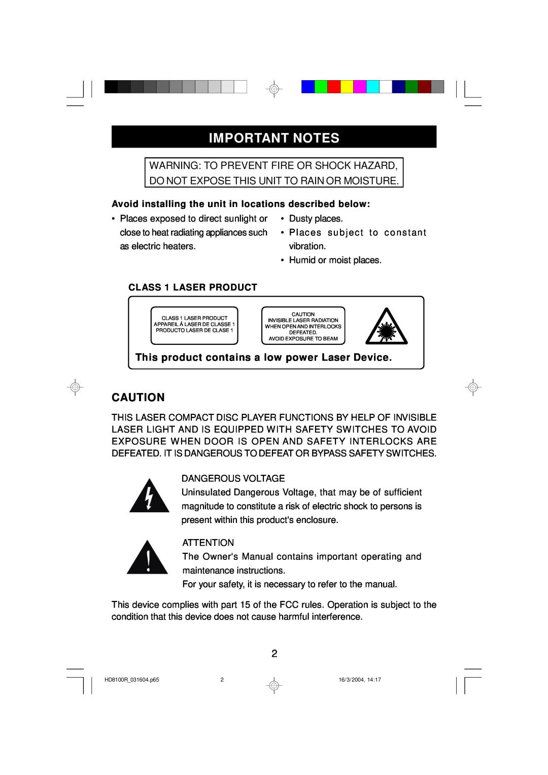 Emerson HD8100R owner manual Important Notes, This product contains a low power Laser Device 