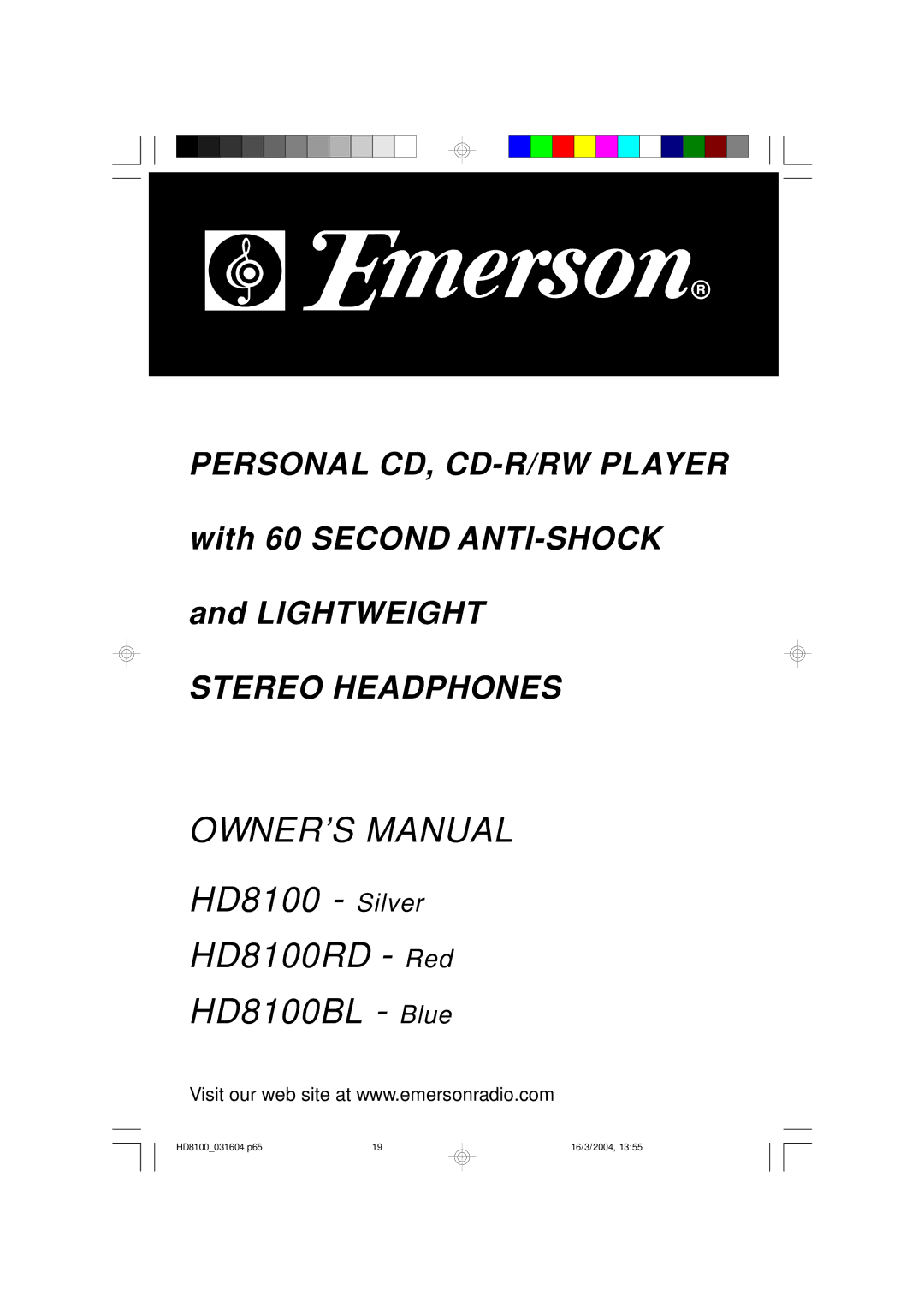 Emerson owner manual HD8100 Silver HD8100RD HD8100BL 