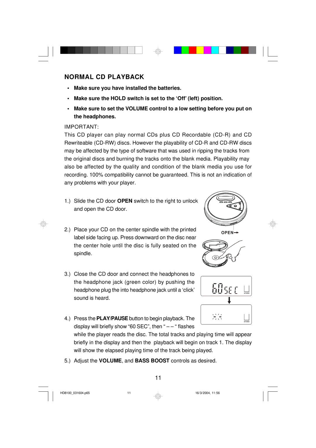 Emerson HD8100RD, HD8100BL owner manual Normal CD Playback 