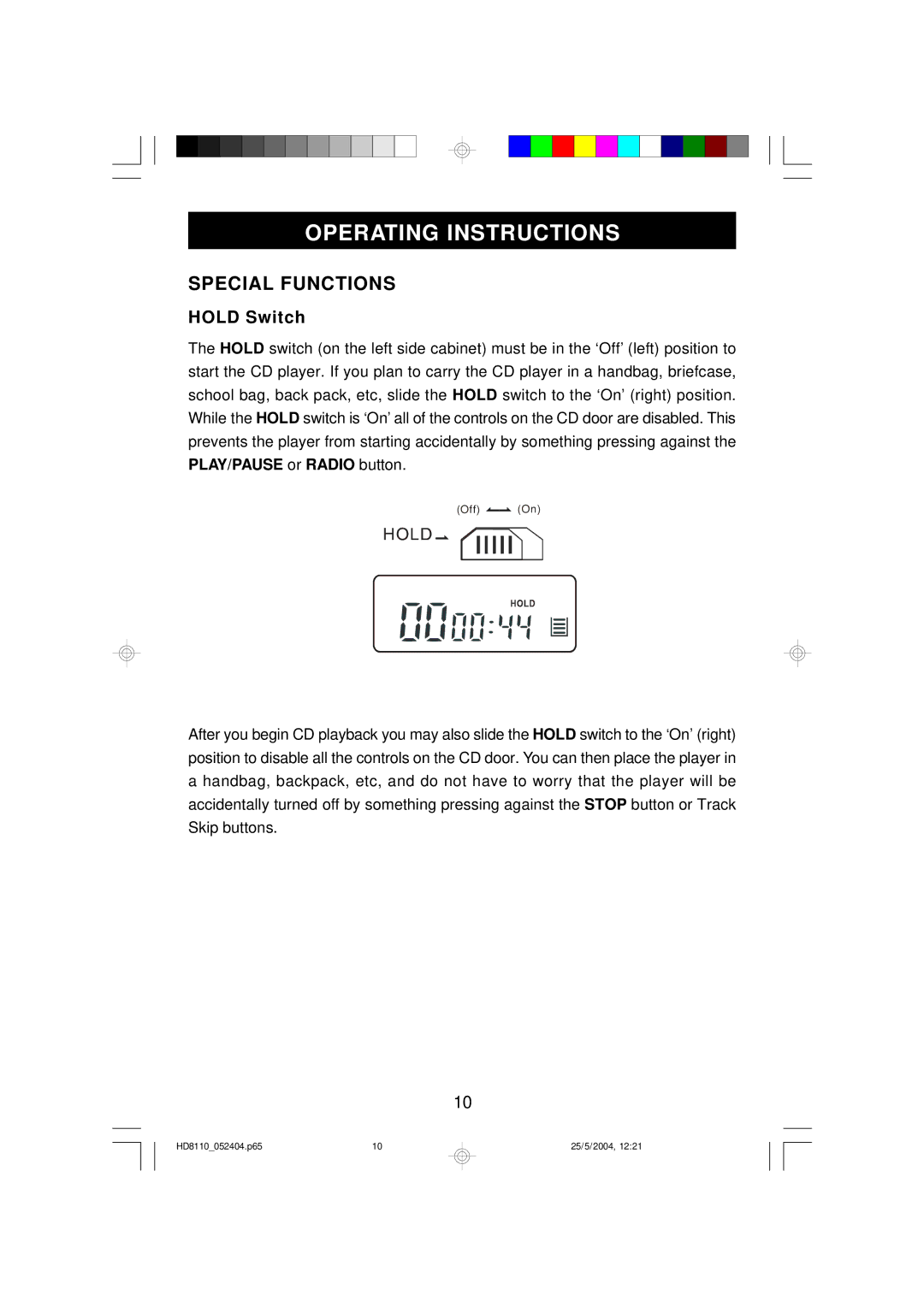 Emerson HD8110 owner manual Operating Instructions, Special Functions, Hold Switch 