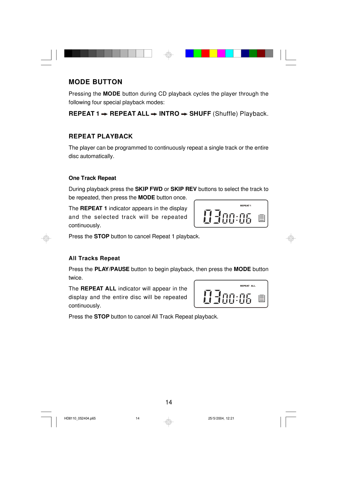 Emerson HD8110 owner manual Mode Button, Repeat 1 Repeat ALL Intro Shuff Shuffle Playback 