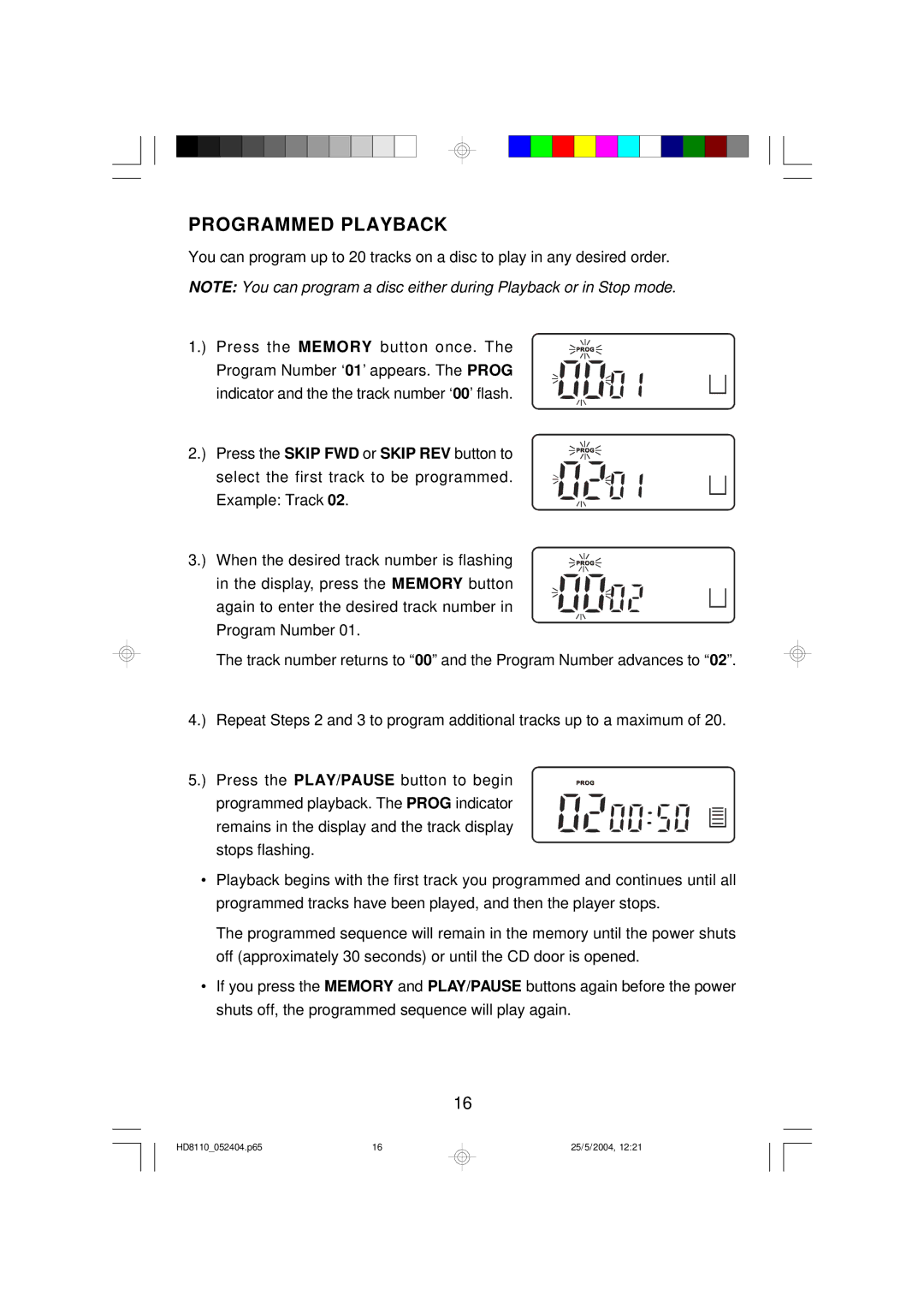 Emerson HD8110 owner manual Programmed Playback 