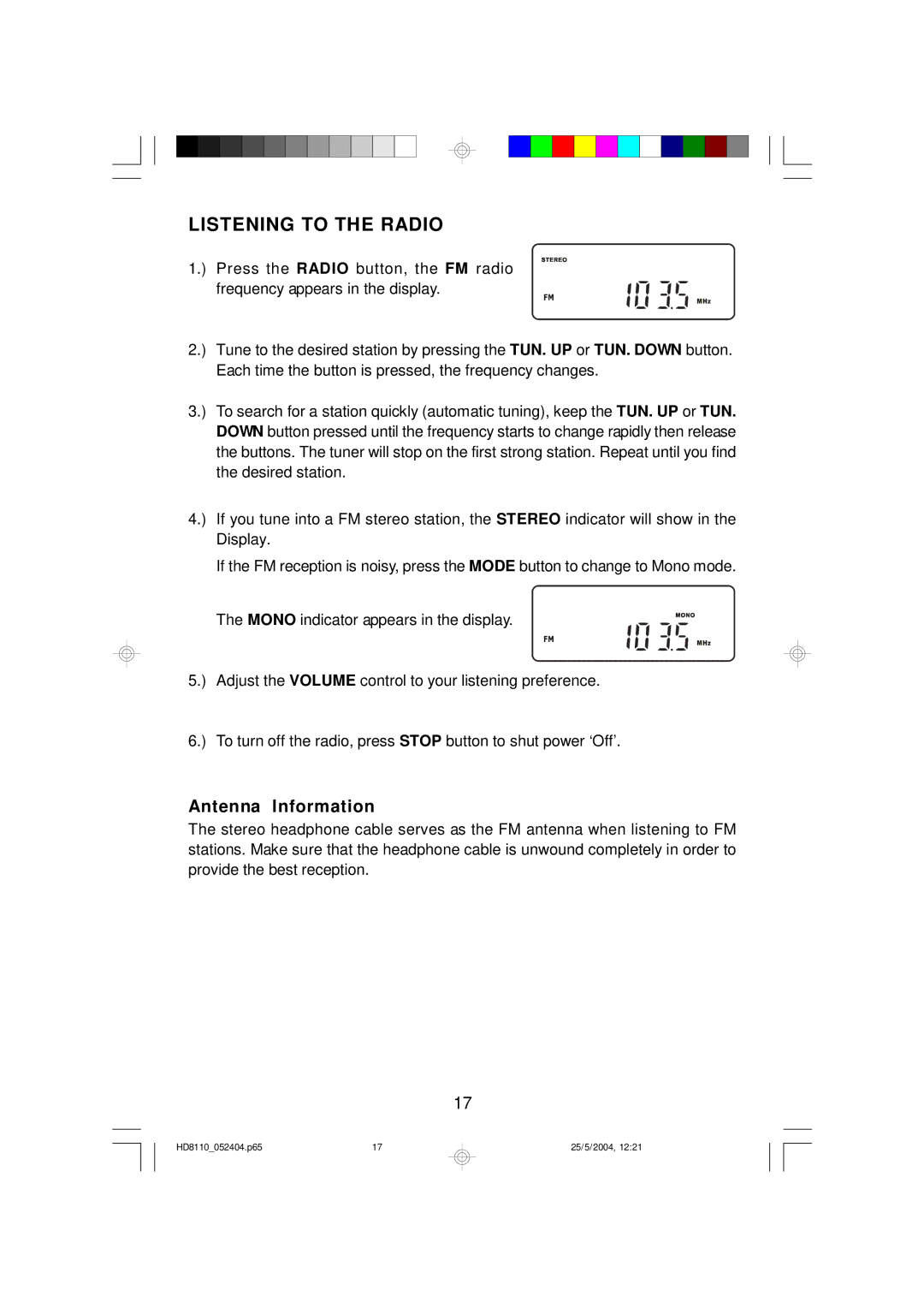 Emerson HD8110 owner manual Listening to the Radio, Antenna Information 