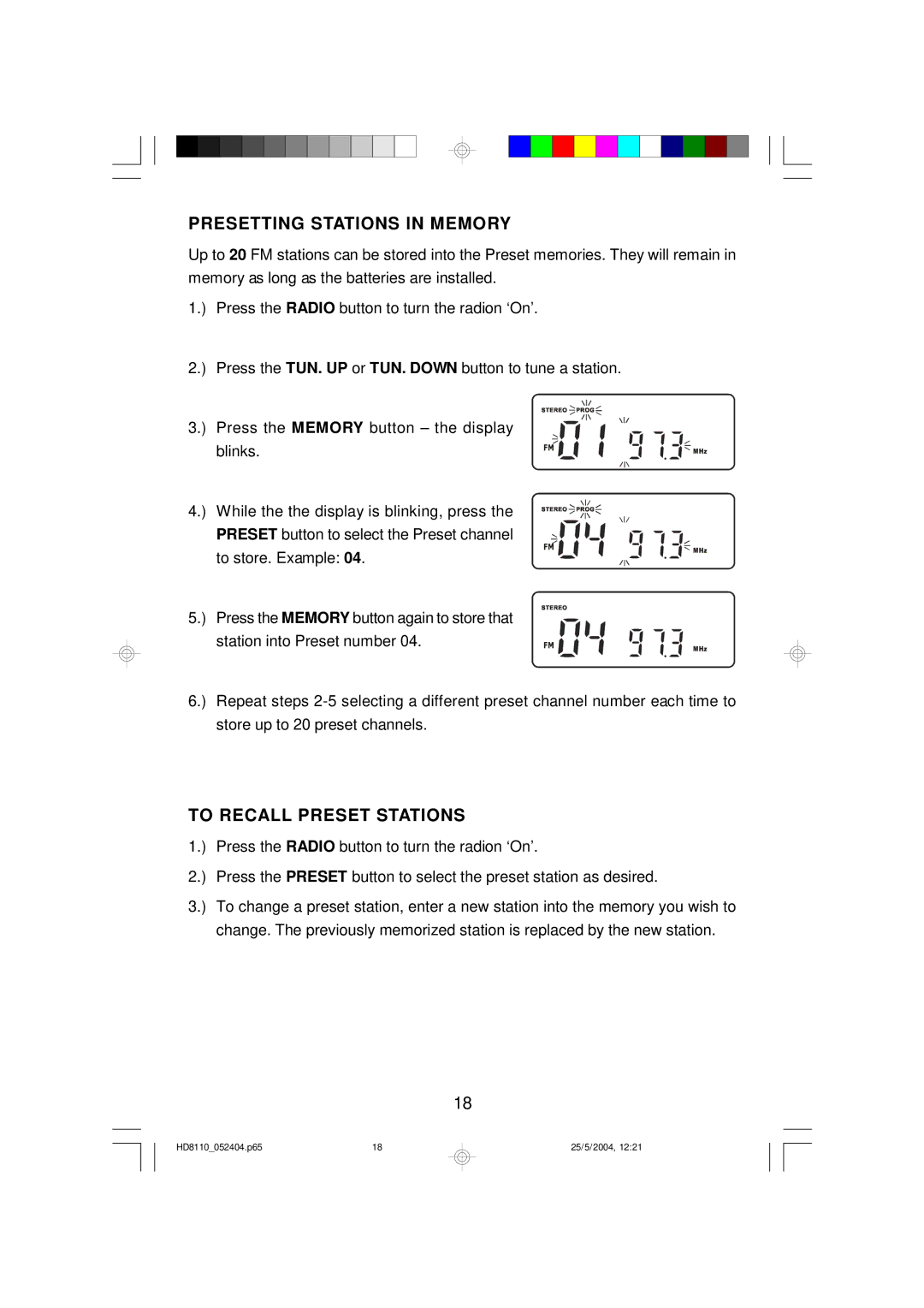 Emerson HD8110 owner manual Presetting Stations in Memory 