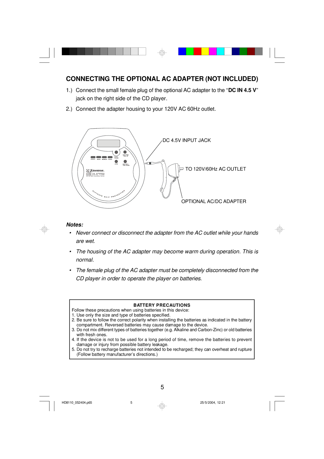 Emerson HD8110 owner manual Connecting the Optional AC Adapter not Included, Battery Precautions 