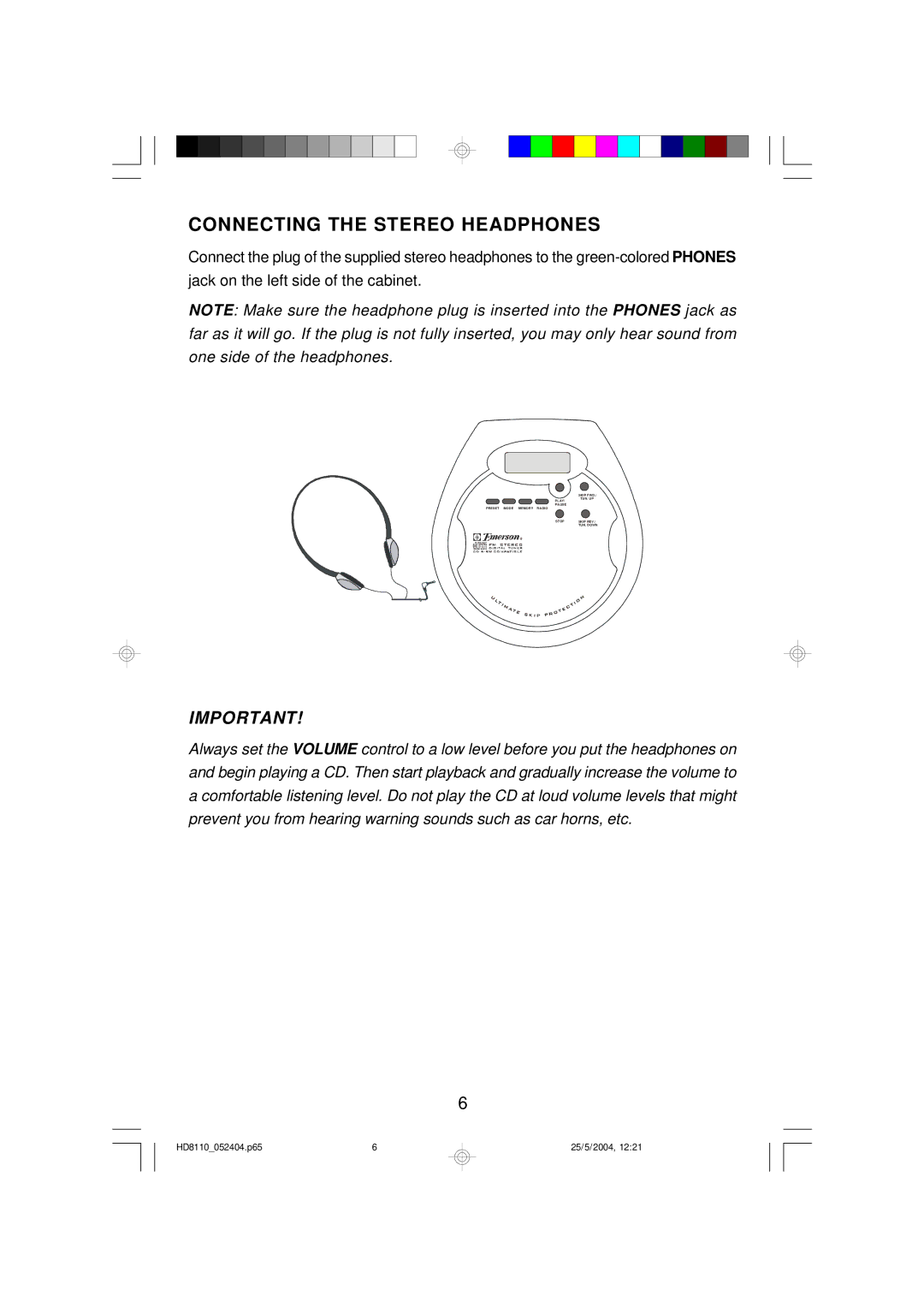 Emerson HD8110 owner manual Connecting the Stereo Headphones 