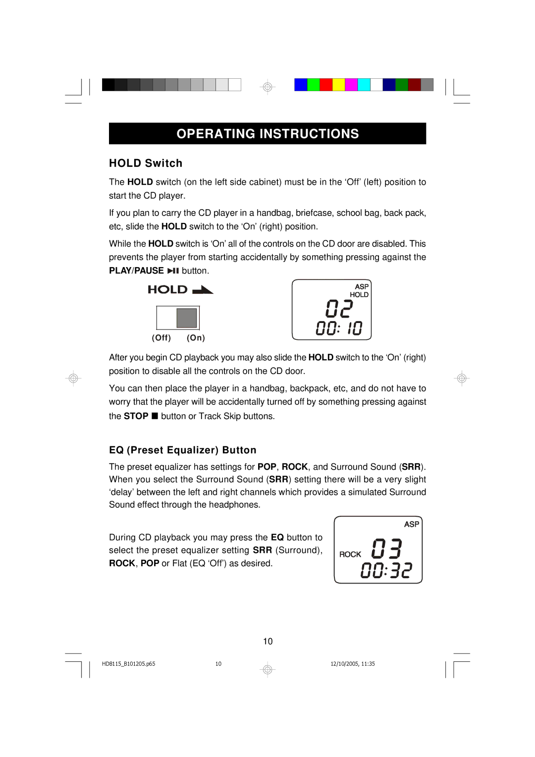 Emerson HD8115 owner manual Operating Instructions, Hold Switch, EQ Preset Equalizer Button 