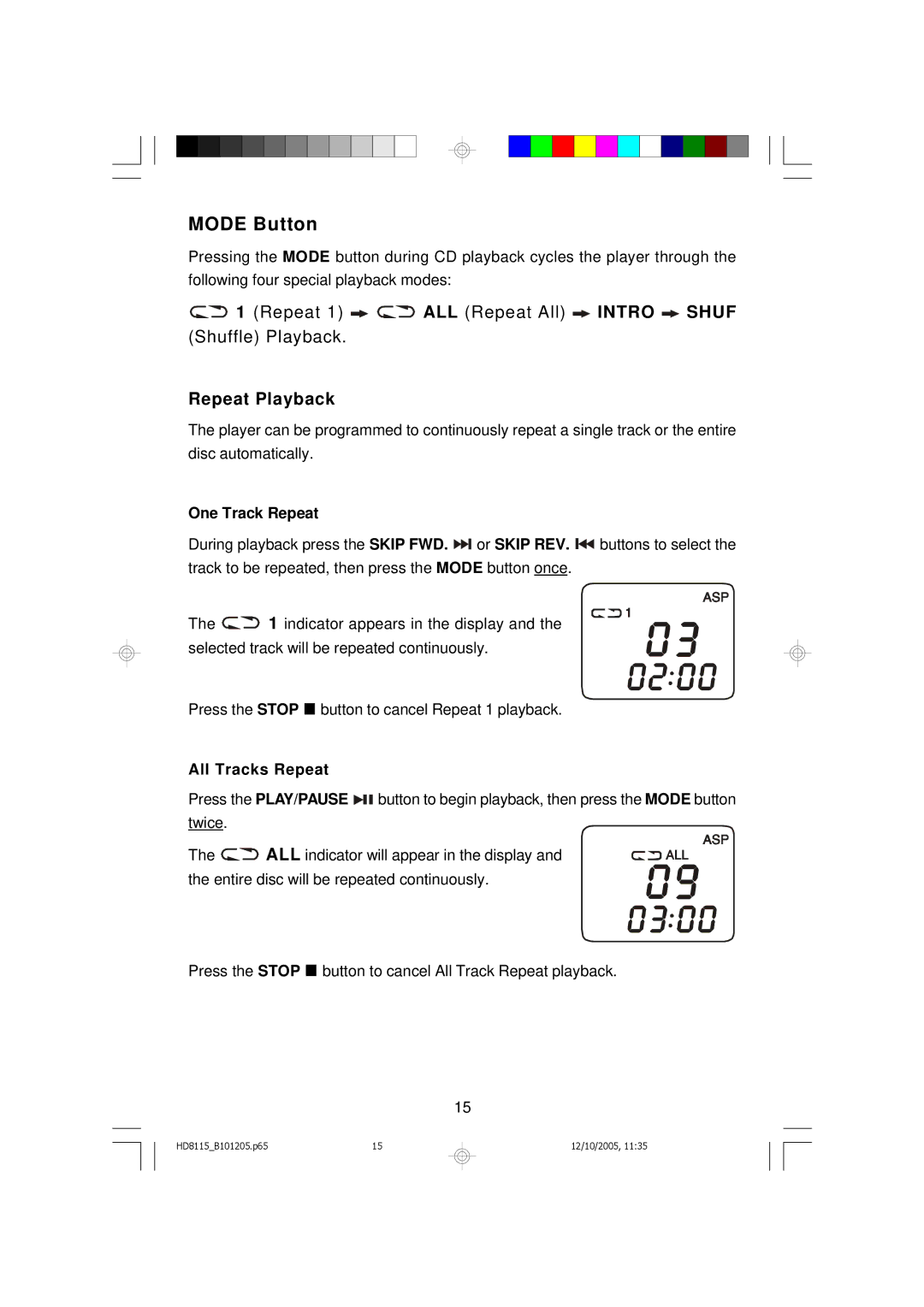 Emerson HD8115 owner manual Mode Button, Repeat Playback 