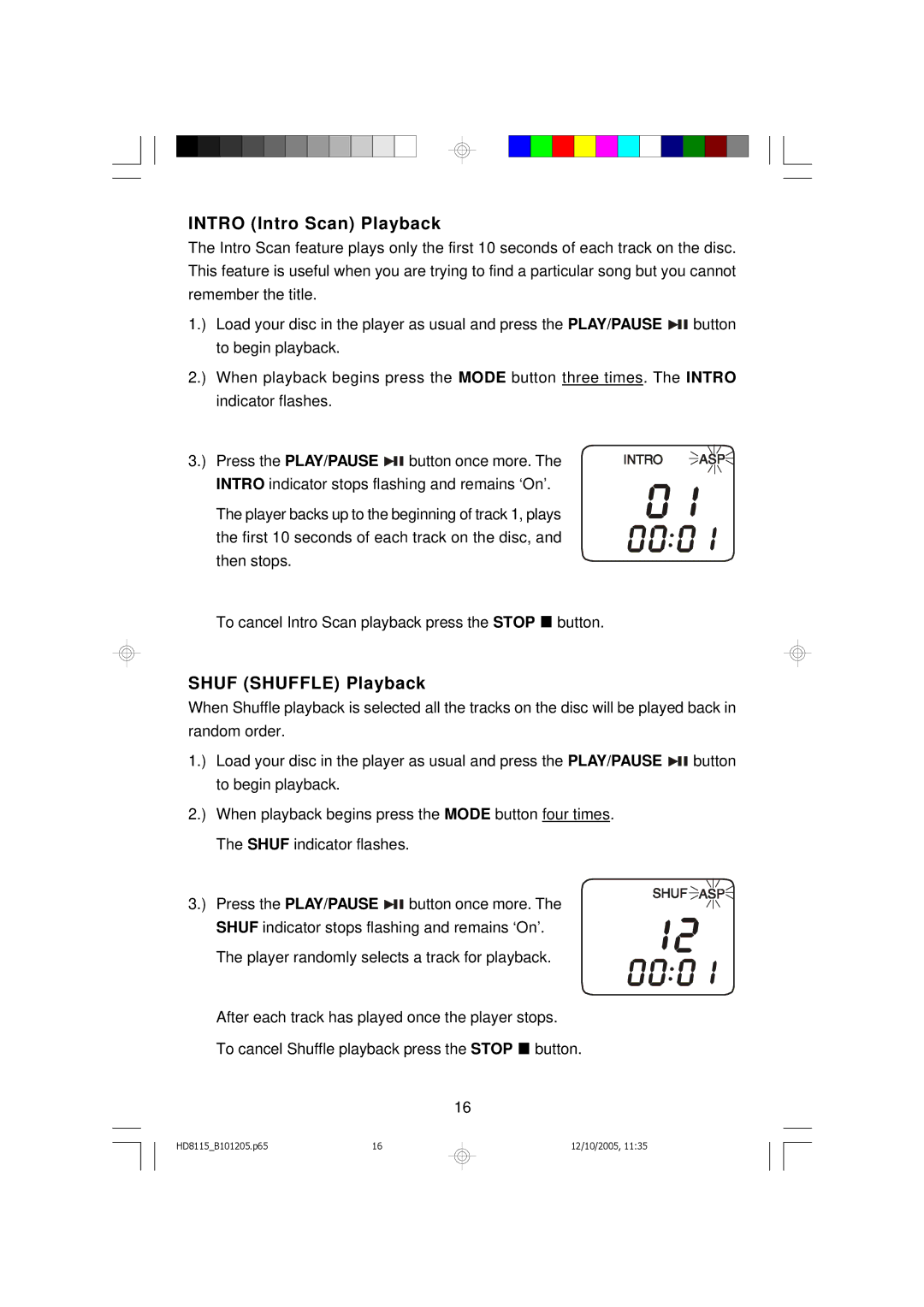 Emerson HD8115 owner manual Intro Intro Scan Playback, Shuf Shuffle Playback 