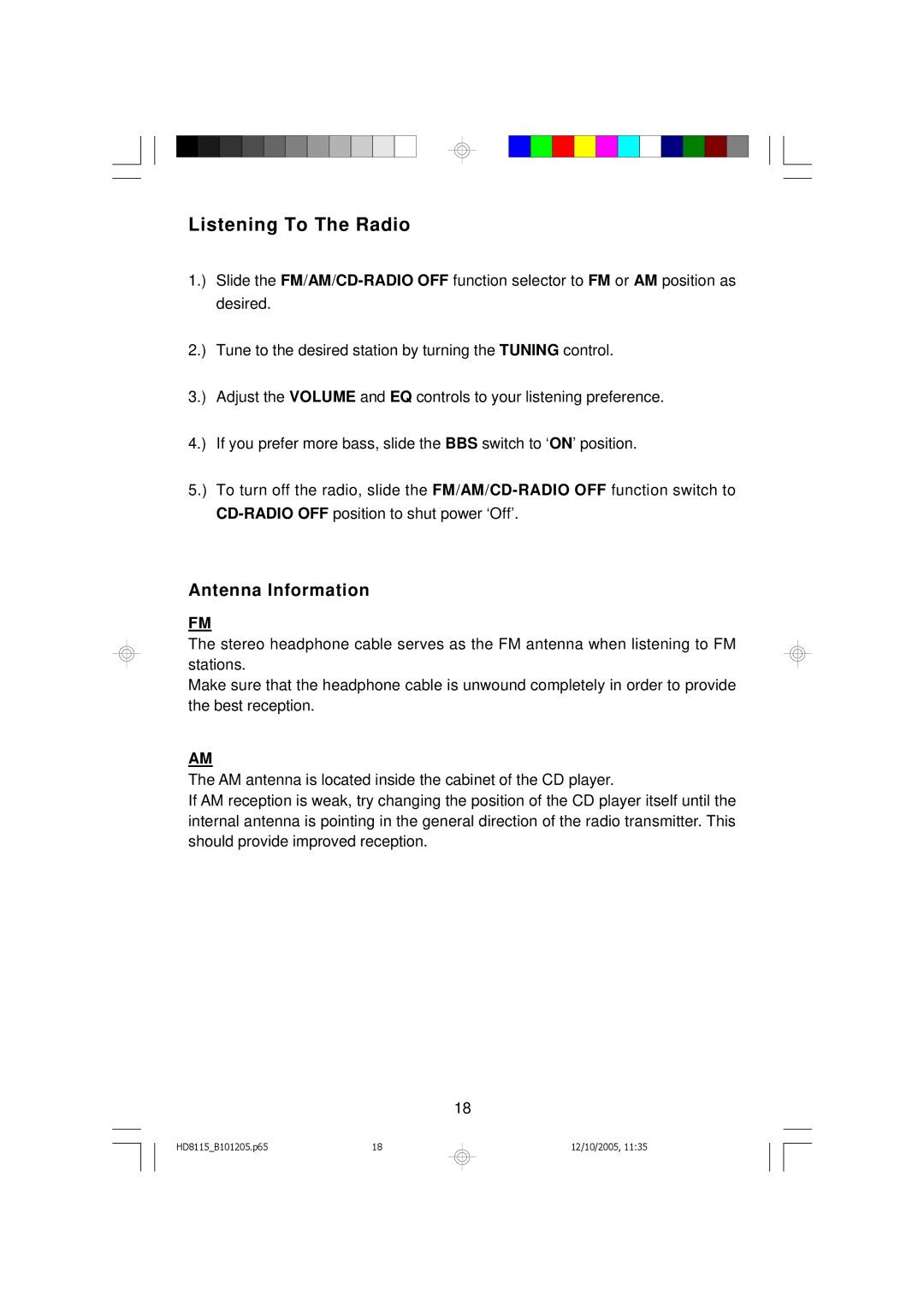 Emerson HD8115 owner manual Listening To The Radio, Antenna Information 