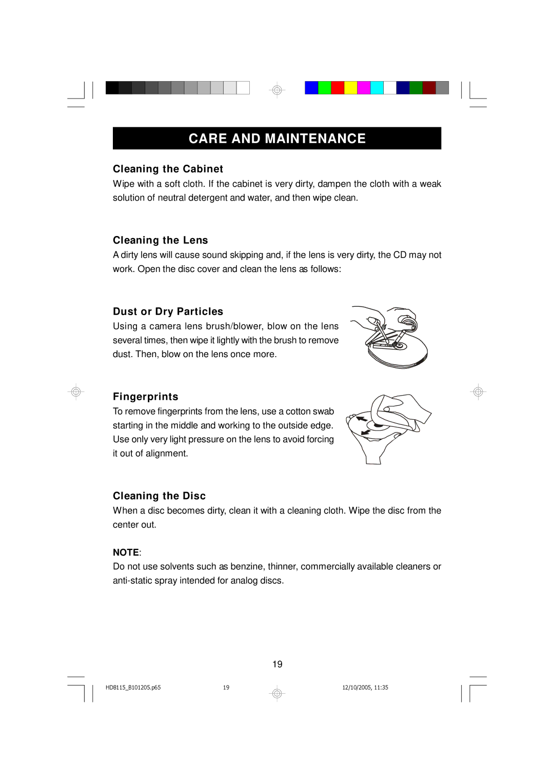 Emerson HD8115 owner manual Care and Maintenance 