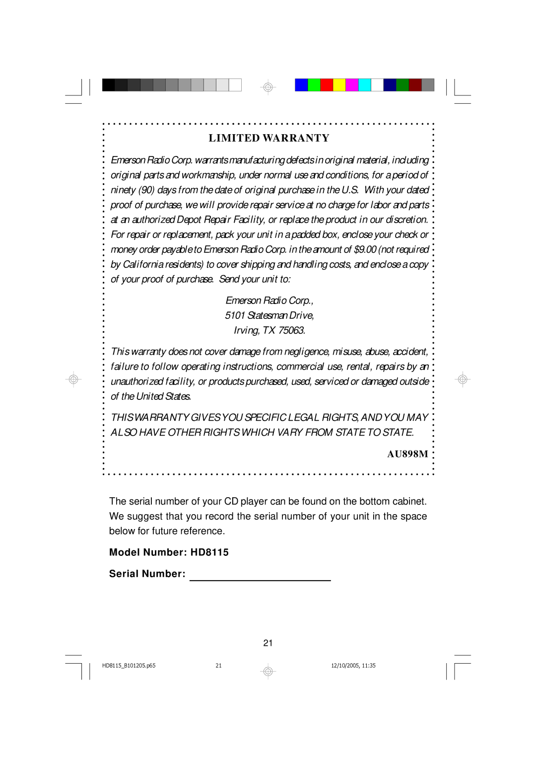 Emerson owner manual Limited Warranty, Model Number HD8115 Serial Number 