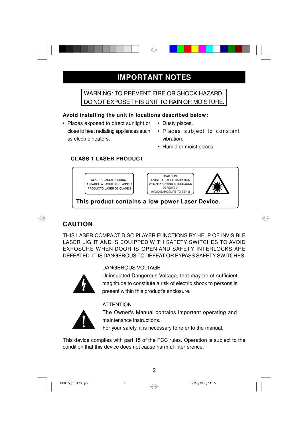 Emerson HD8115 owner manual Important Notes, This product contains a low power Laser Device 