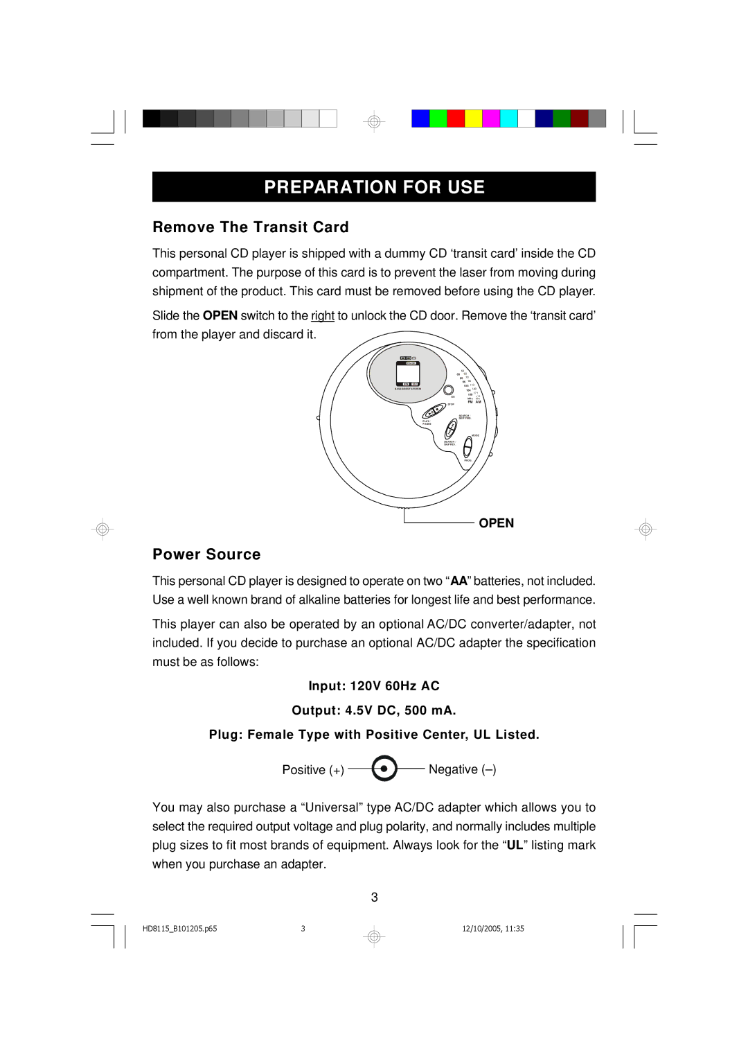 Emerson HD8115 owner manual Preparation for USE, Remove The Transit Card, Power Source 