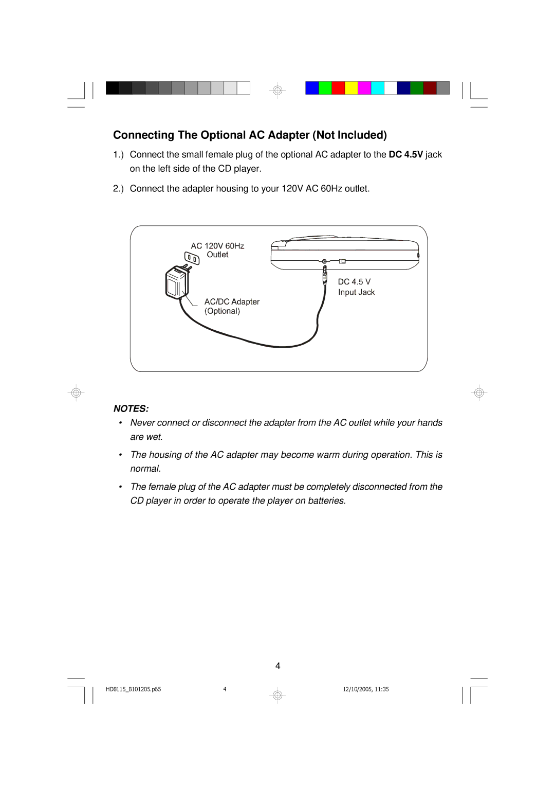 Emerson HD8115 owner manual Connecting The Optional AC Adapter Not Included 