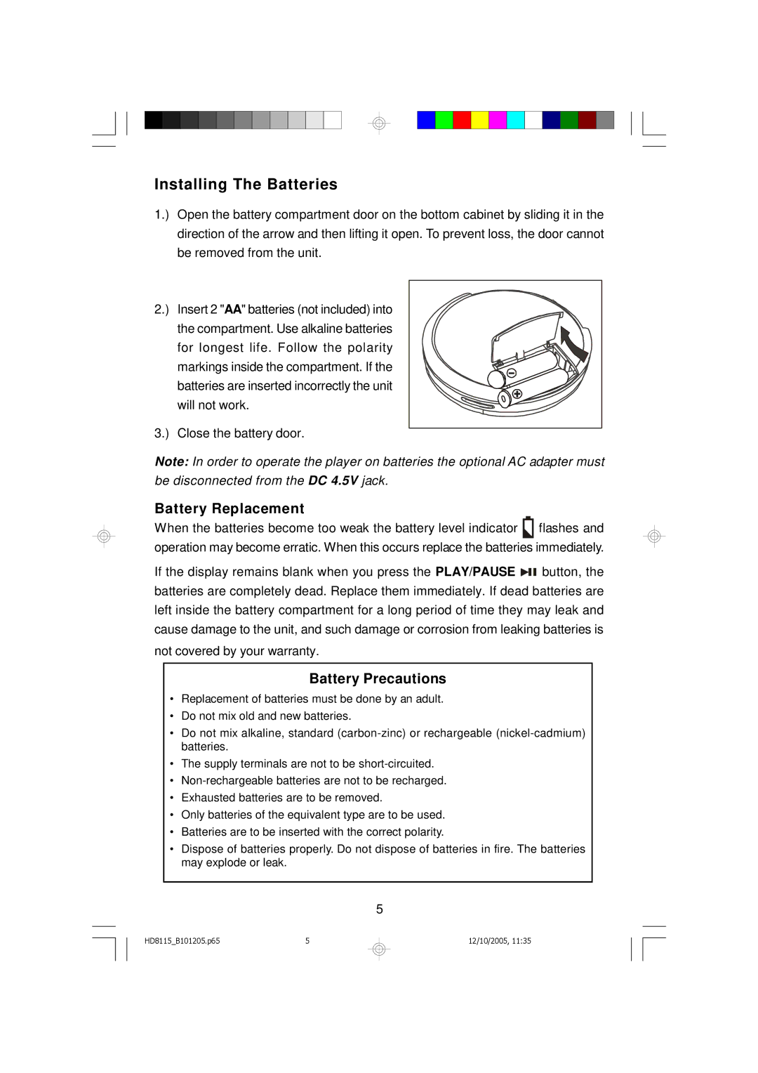 Emerson HD8115 owner manual Installing The Batteries, Battery Replacement, Battery Precautions 